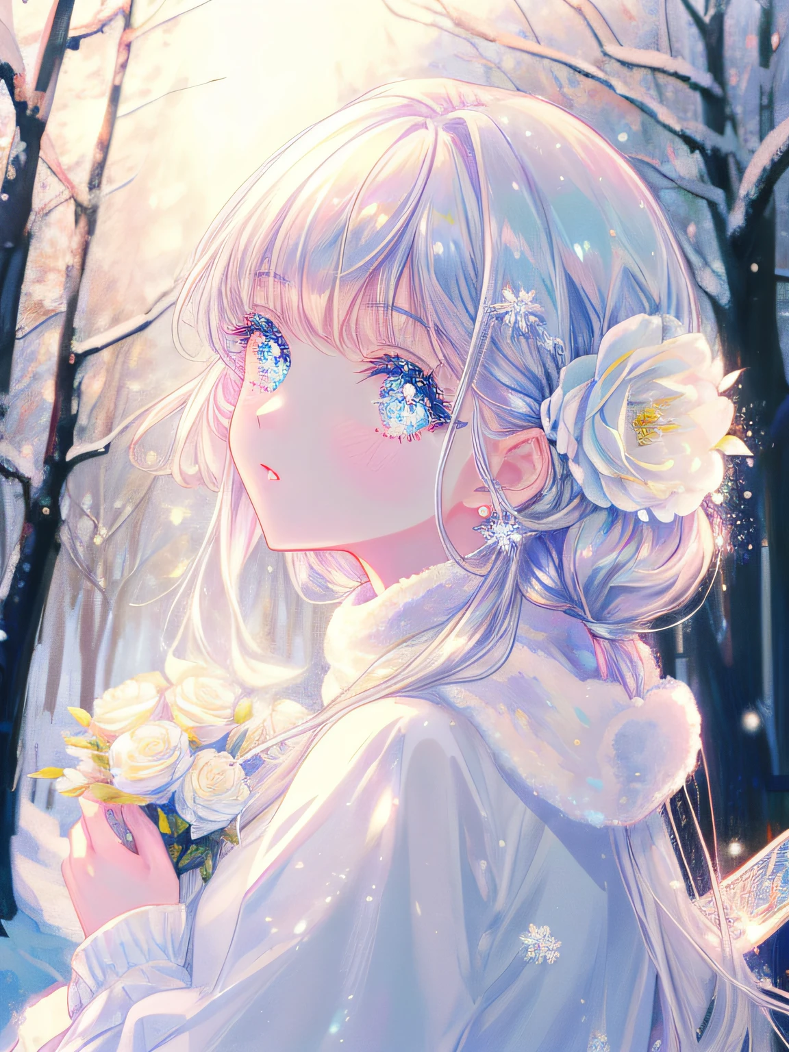 (masterpiece、8K、top-quality)、(Soft light:1.3), Detailed face, Detailed eyes, Dress, beautiful digital works of art, landscape, Back Light, Many flowers, forest, Sparkling eyes, winter, warm, warm light, snow