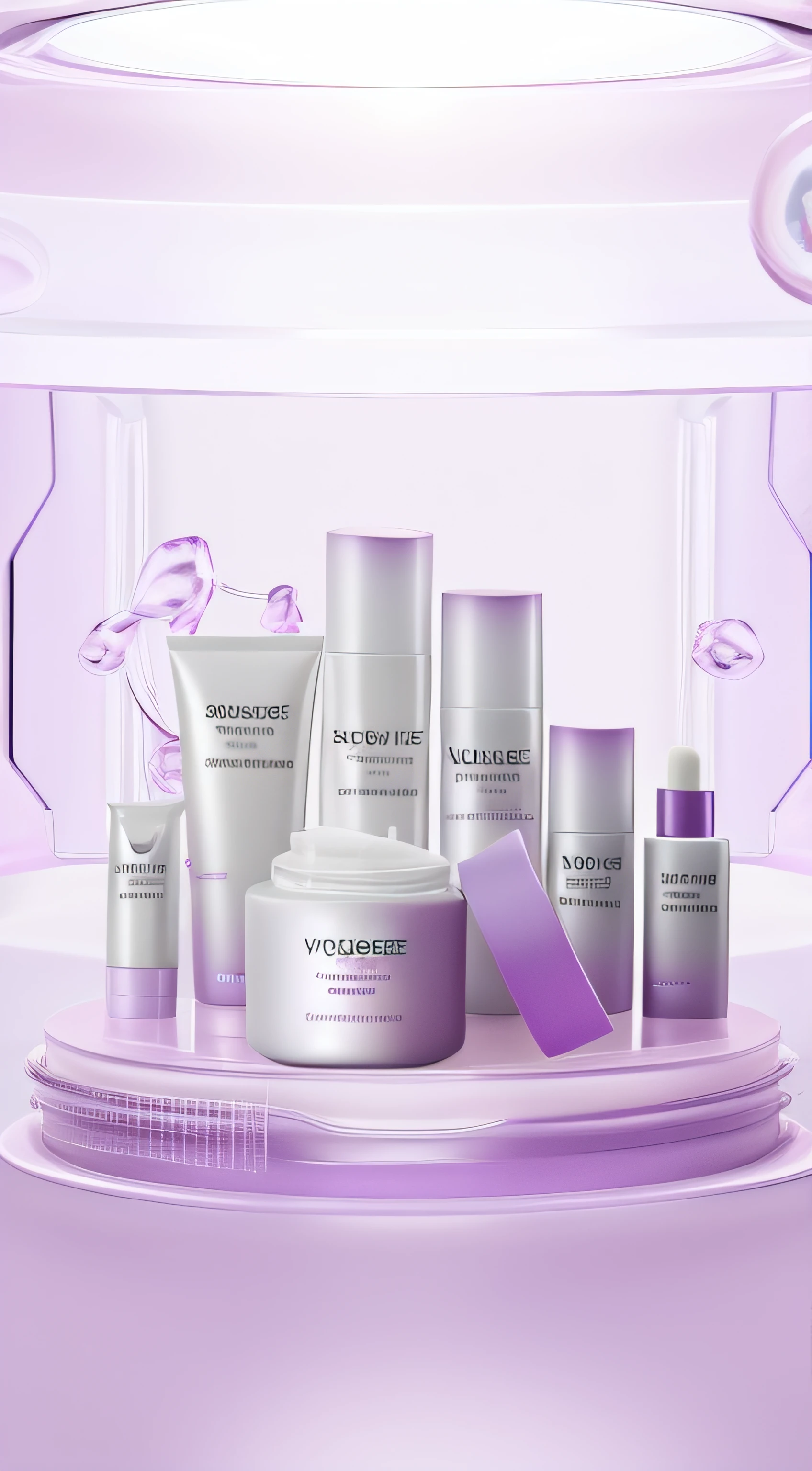 Close-up of skin care products displayed on table, ProductAdvertisements, product showcase, skin care, skin care, high quality topical render, product, frozen, the face, pristine skin, violet skin, Lungen, 3d product, glowy skin, product introduction photos, product photograph, youthful charm, products shot, product showcase, silicone skin, Exhibited