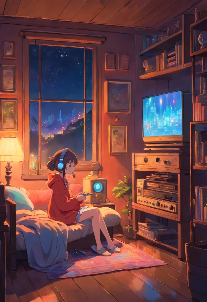 Girl listening to music in a cozy room at night, Usando fones de ouvido, Anime estilo 2D, Lo-fi, disco Rigido, Ambiente escuro
