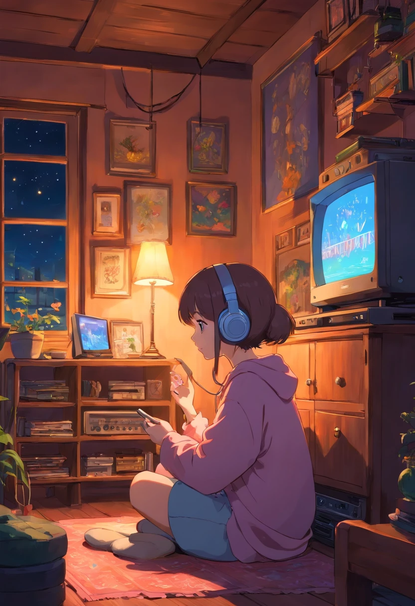 Girl listening to music in a cozy room at night, Usando fones de ouvido, Anime estilo 2D, Lo-fi, disco Rigido, Ambiente escuro