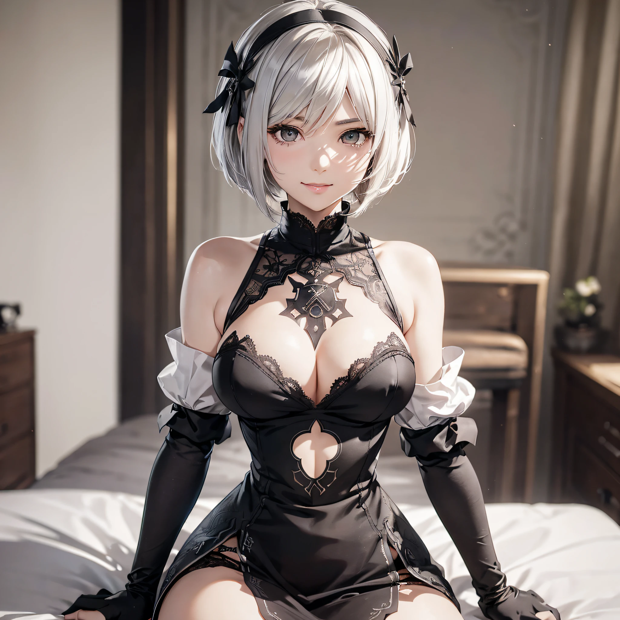 film movie still、1girl in、sitting、pale-skinned、innocent smile、((A detailed face))、(Detailed skin)、Moist with intricate details、Shallow depth of field、[volume fog]、电影灯光、Reflectors、a Canon EOS R5、50mm lens、f / 2.8、NffSW、shot at 8k resolution, (high quality, best rendering), (beautiful girl, 2b, Nier automata), (bomb, pin-up style), hot, floss, perfect body, bedroom, silver hair, bob cut, elaborate hair, crazy face, face facing forward, pale black dress, center, scaled to dimensions, (((large breasts, cleavage,)))