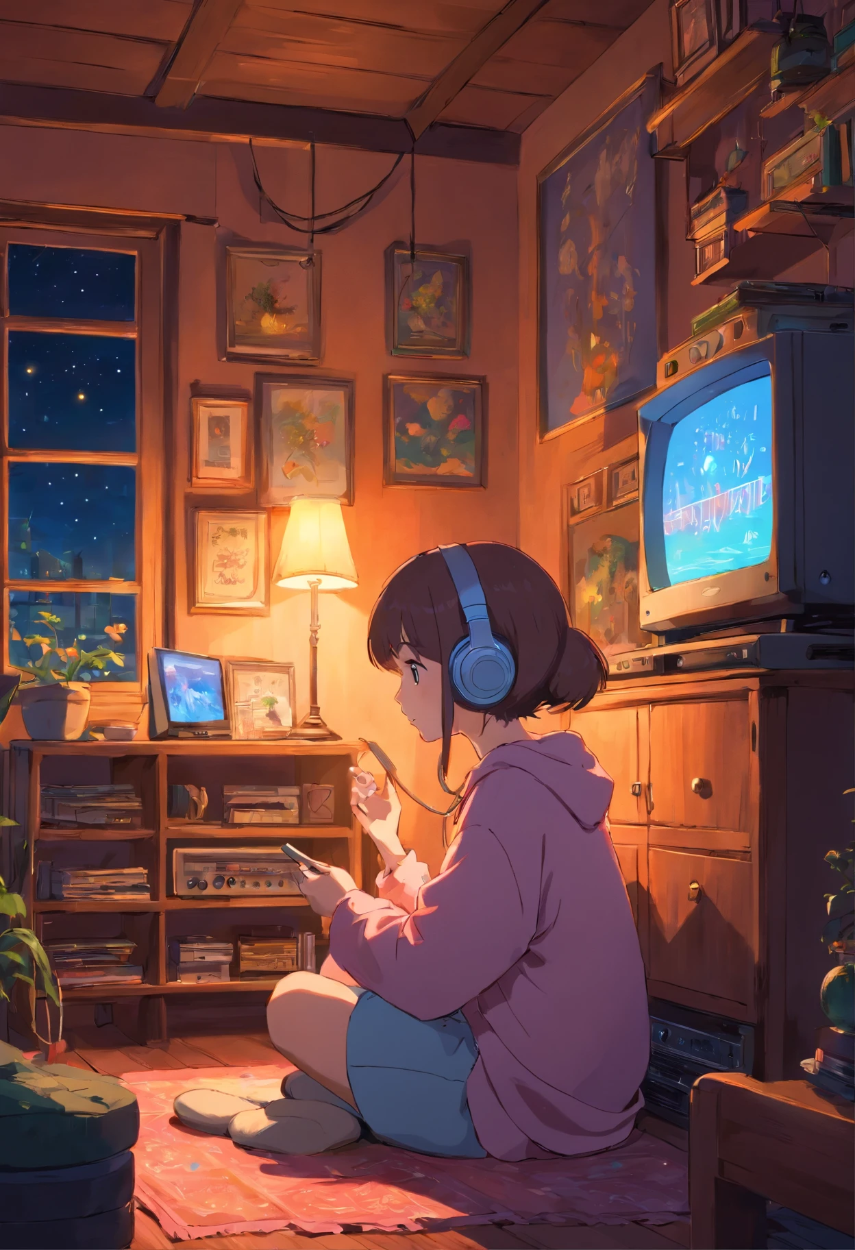 Girl listening to music in a cozy room at night, Usando fones de ouvido, Anime estilo 2D, Lo-fi, disco Rigido, Ambiente escuro