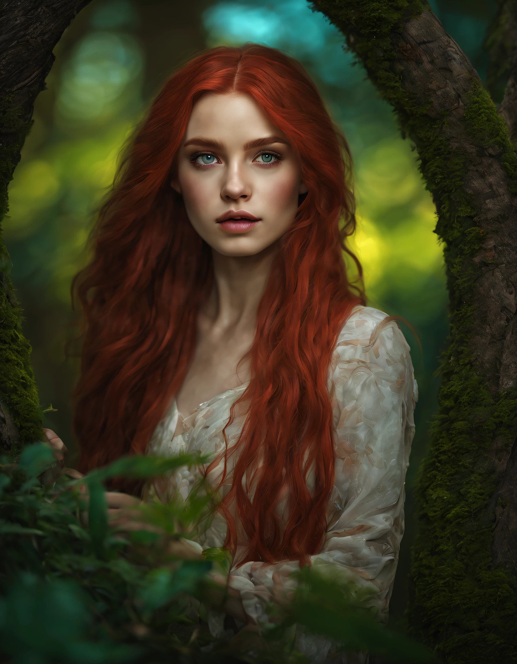 (( 1 Girl,    ExtremelyBeautifull,    Highres,     16k,     High Quality,    Super Detailed,     Stand In A Magical Park Magical Forest,     Long Red Sleeves,      Long Red Hair,       Hyperrealistic,     Beauty Face,        Circle Colourfull Eyes,