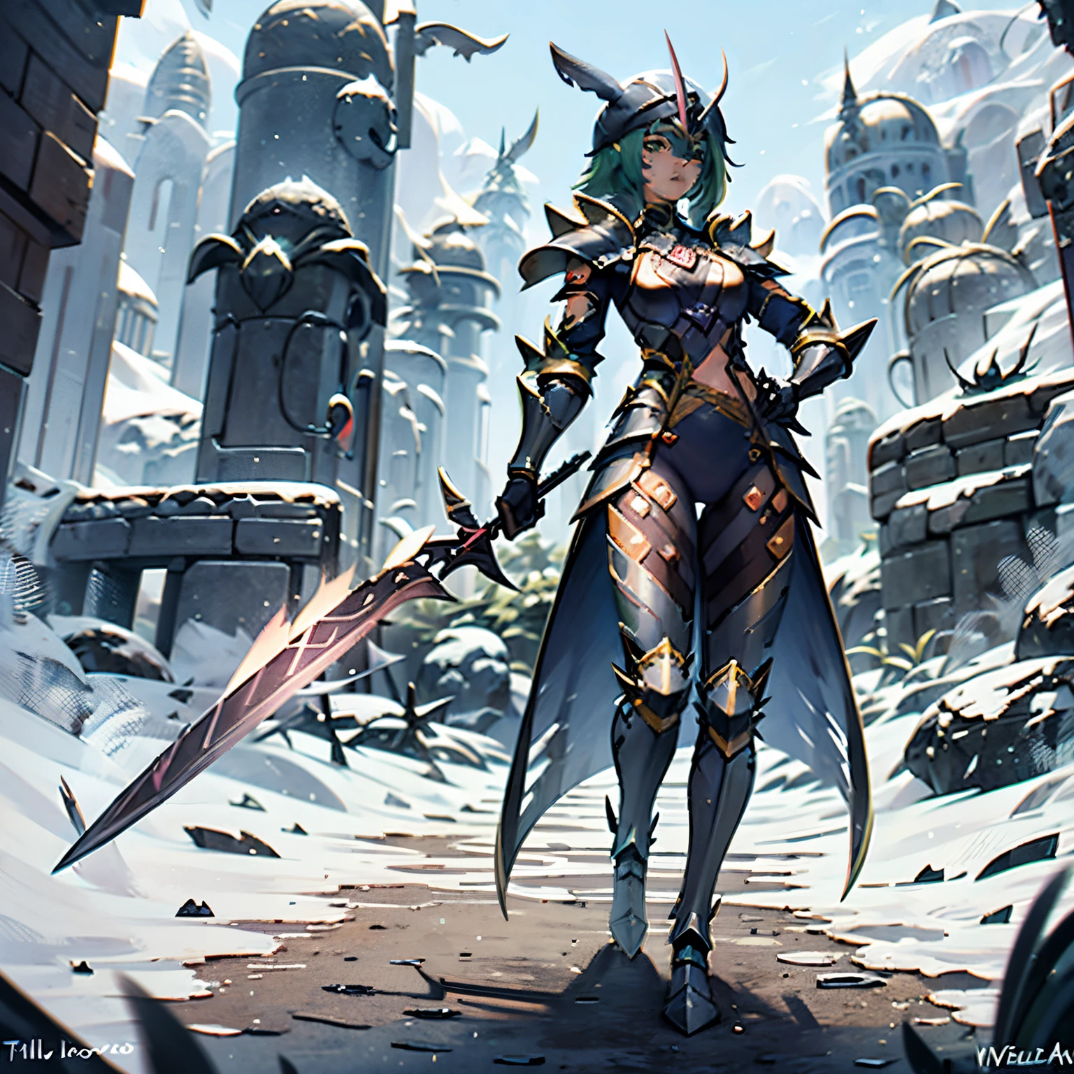 1 dragon woman, full body, glowing eyes, green hair, green scales, high detail face, wearing armor, two swords, helmet, tall, thin, in snowy forest, weilding two swords.