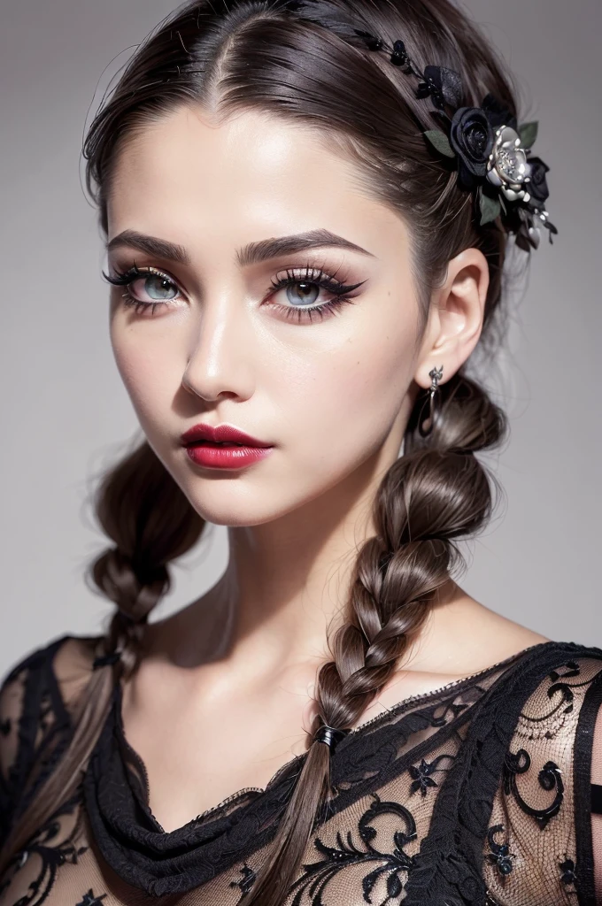 (masterpiece, best quality, extremely detailed 8k, ultra hd, ultra-detailed, highly detailed, highly realistic, photo realistic), (1girl:1.5), (beautiful realistic face, detailed realistic face), (high detailed realistic natural white hair, long hair, twintails), (beautiful realistic eyes, high detailed realistic grey eyes, proportional eyes, realistic pupils, high detailed pupils), (high detailed realistic natural eyebrows), (high detailed realistic lips, beautiful realistic lips, black lipsticks), extremely detailed realistic skin, gothic dress,