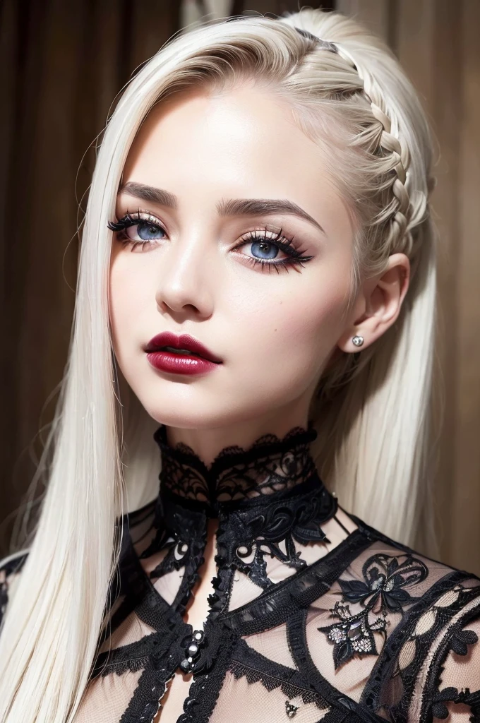 (masterpiece, best quality, extremely detailed 8k, ultra hd, ultra-detailed, highly detailed, highly realistic, photo realistic), (1girl:1.5), (beautiful realistic face, detailed realistic face), (high detailed realistic natural white hair, long hair, twintails), (beautiful realistic eyes, high detailed realistic grey eyes, proportional eyes, realistic pupils, high detailed pupils), (high detailed realistic natural eyebrows), (high detailed realistic lips, beautiful realistic lips, black lipsticks), extremely detailed realistic skin, gothic dress,