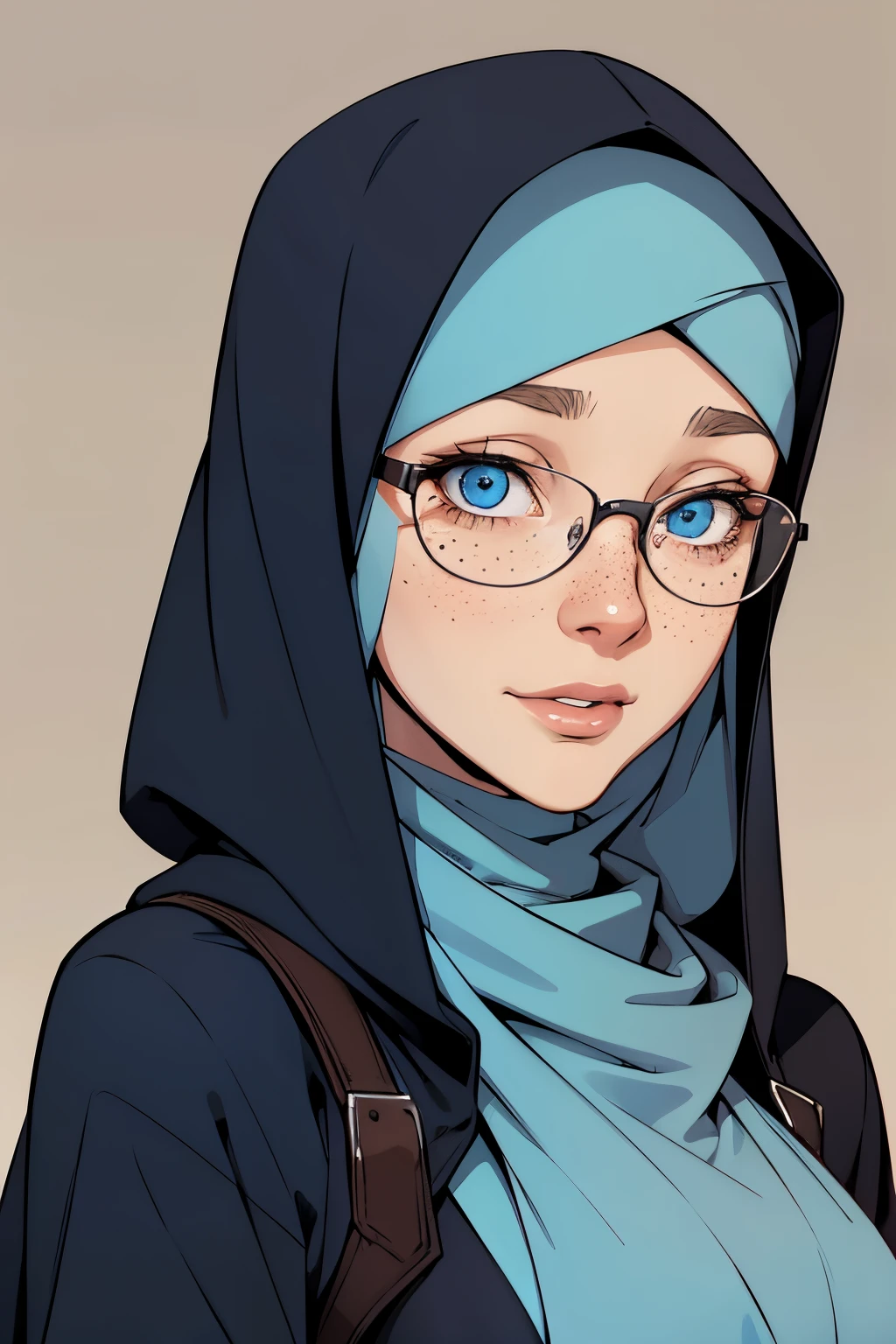 Portrait of a beautiful 22 years old woman with blue eyes, wearing a hijab, a long dres and glasses, a lot of facial freckles,happy facial expression.