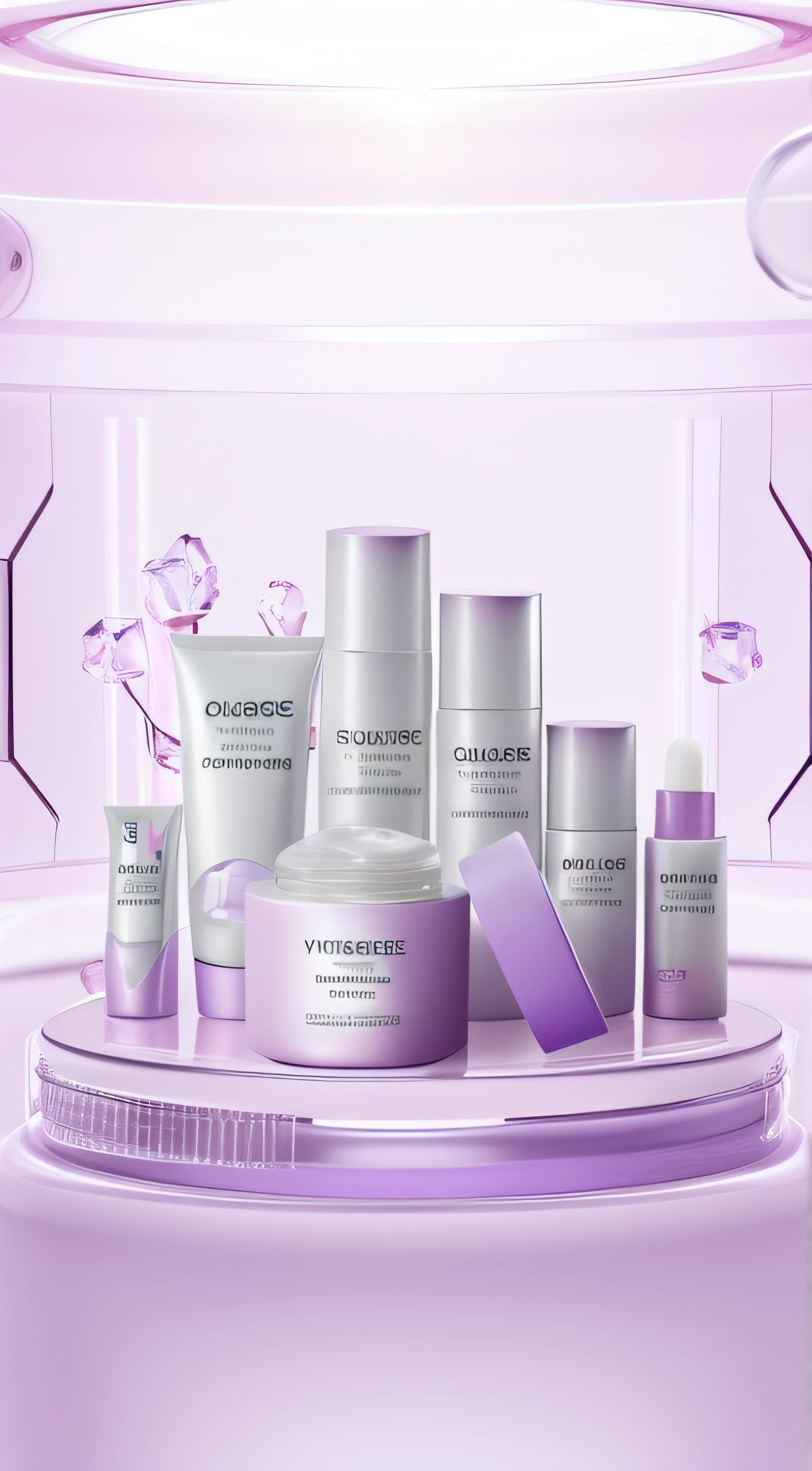 Close-up of skin care products displayed on table, ProductAdvertisements, product showcase, skin care, skin care, high quality topical render, product, frozen, the face, pristine skin, violet skin, Lungen, 3d product, glowy skin, product introduction photos, product photograph, youthful charm, products shot, product showcase, silicone skin, Exhibited