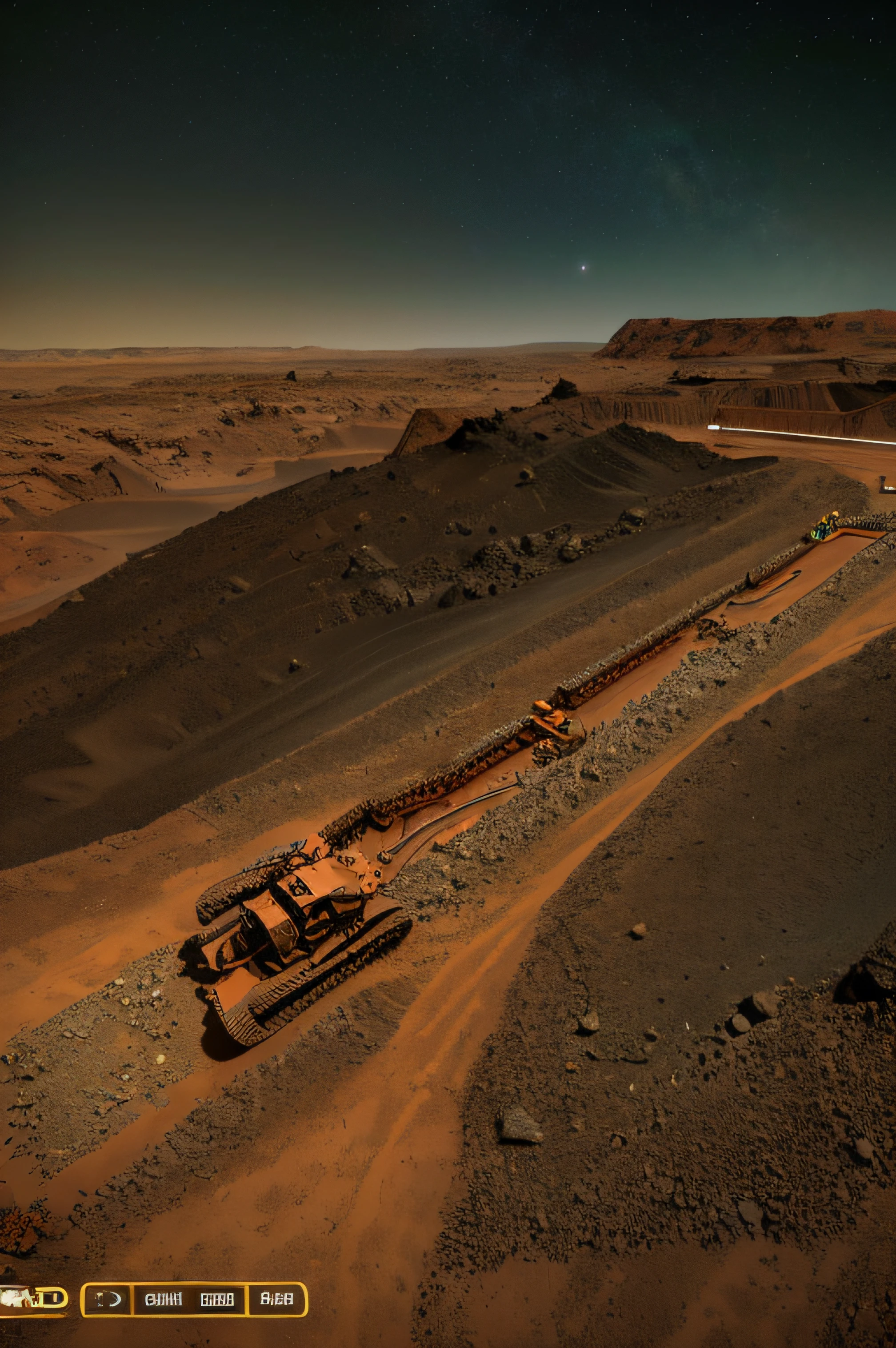 On Mars, a huge, cutting-edge mining excavation machine is at work. Metallic luster texture, mineral conveyor belt, and mining personnel are distributed on the Martian ground. Bright picture, different machines, starry sky, daytime, digging into large mechanical details, super wide angle, bird's eye view, high realism, light and dark