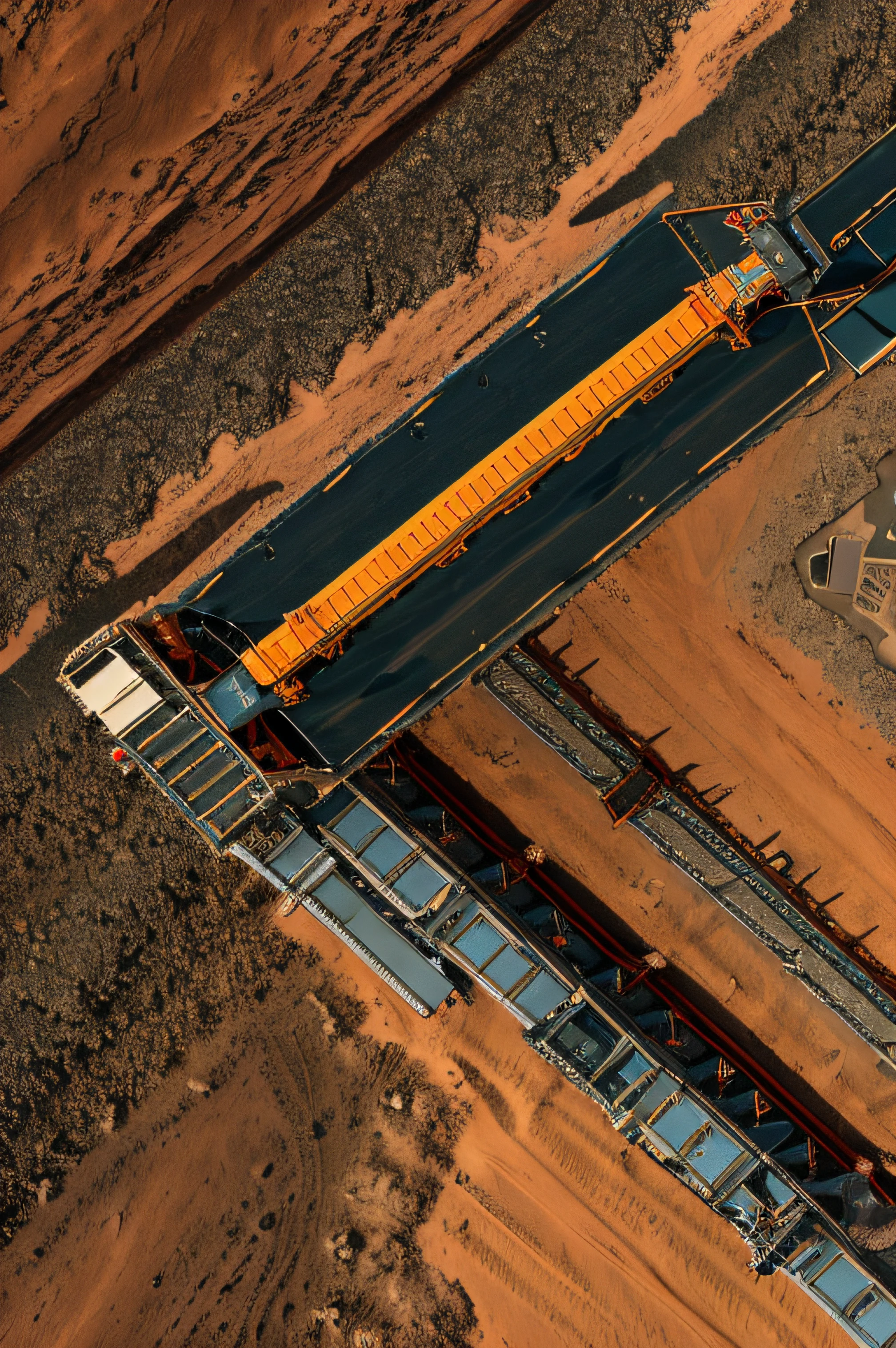 On Mars, a huge, cutting-edge mining excavation machine is at work. Metallic luster texture, mineral conveyor belt, and mining personnel are distributed on the Martian ground. Bright picture, different machines, starry sky, daytime, digging into large mechanical details, super wide angle, bird's eye view, high realism, light and dark
