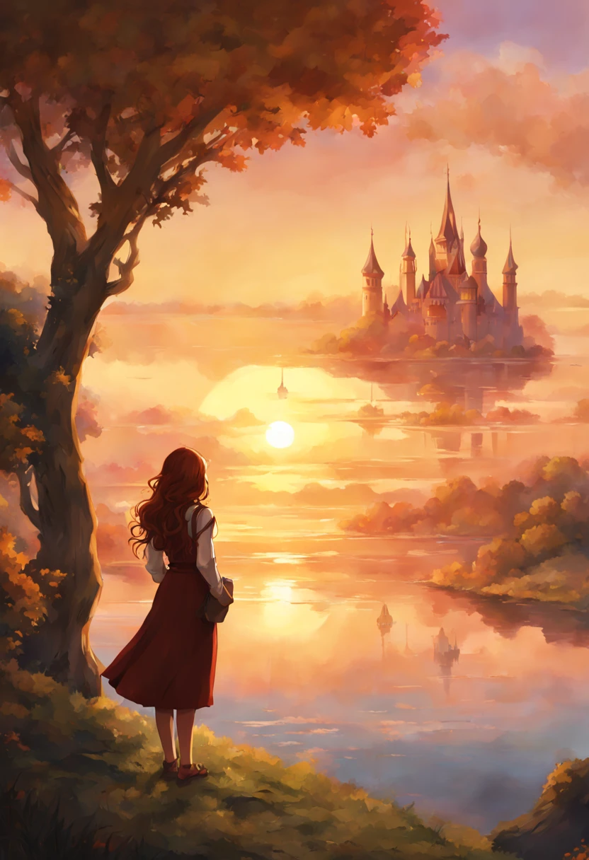 Fictional kingdom, magic and technology from the early 20th century are prevalent, a young woman of 20 with reddish brown hair looking at the sunset