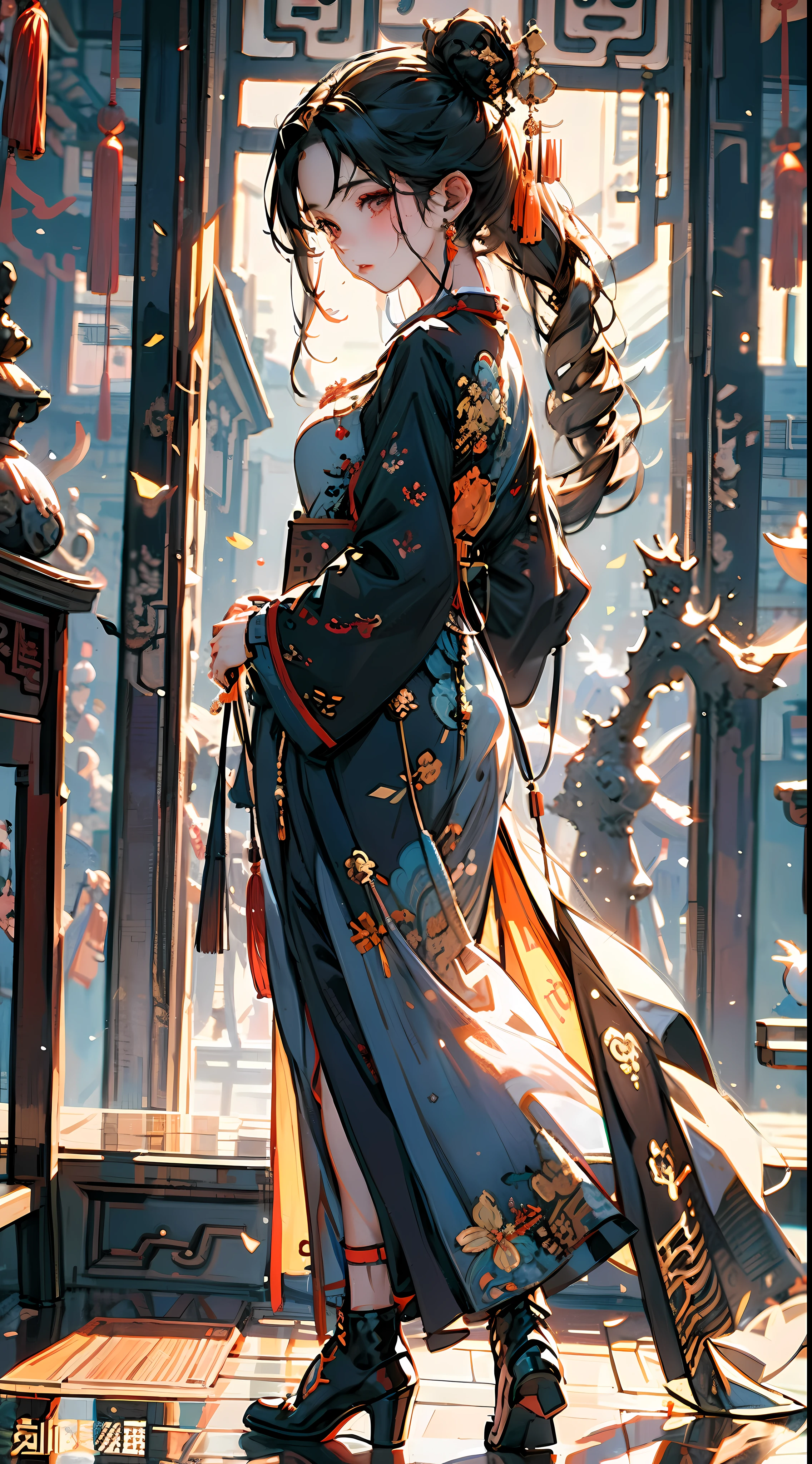（Chinese style：1.2），Ultra-realistic 8k CG,masterpiece,best quality,(photorealistic:1.4),HDR,absurdres,Professional,RAW photo,lens flare,(film grain:1.1),Bokeh,((Depth of field)),studio light,Solo, looking at the audience, black hair, hair ornaments, long sleeves, 1gril,closed mouth, standing, full body,female focus, boots,bun, black shoes, shadow,Chinese clothes, fighting posture, top knot,