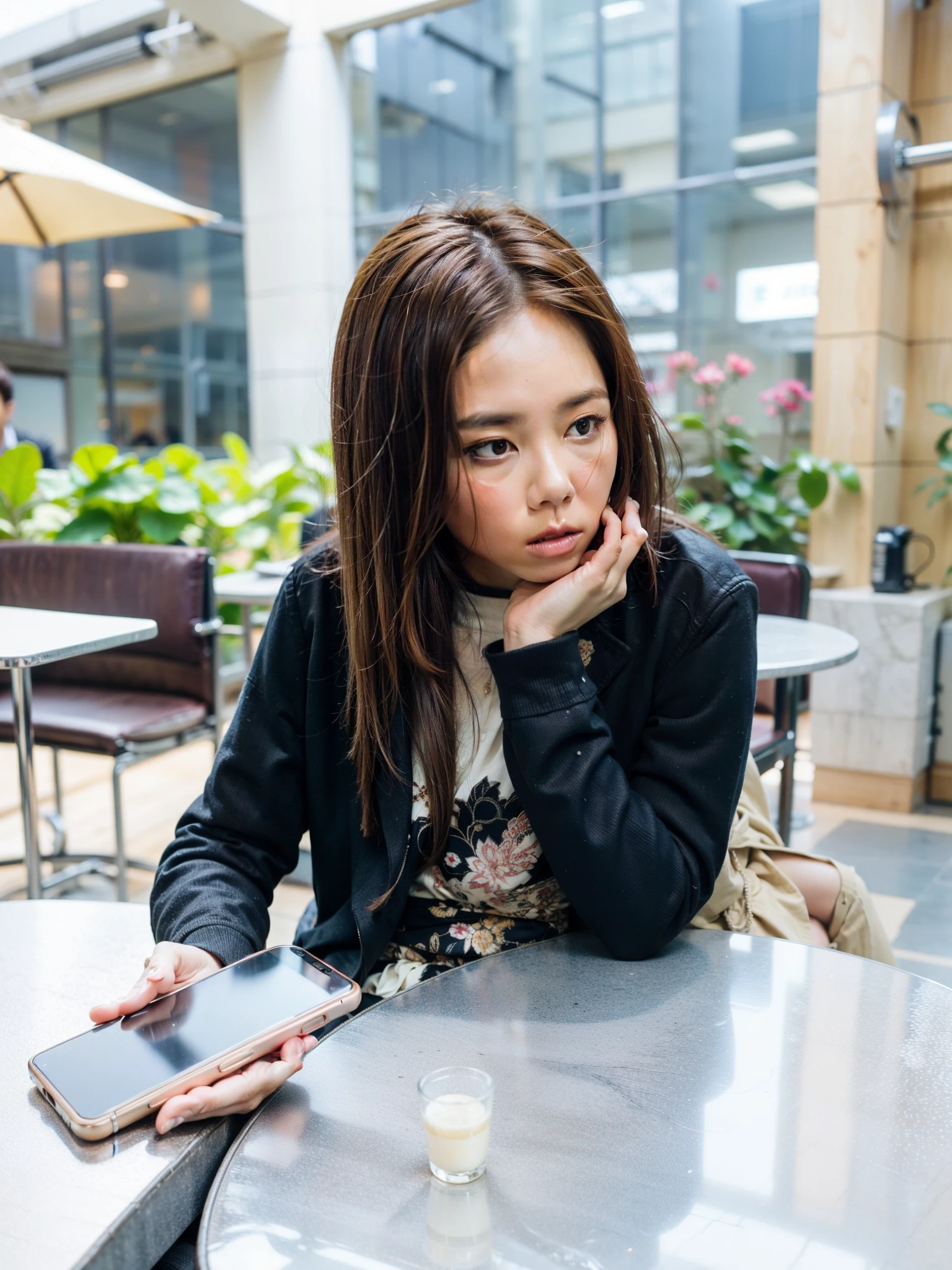 There is a woman sitting at the table holding a mobile phone, a young asian woman, checking her phone, She holds a smartphone, an asian woman, She looks distant, checking her phone, Young asian woman, with a sad expression, Sitting alone in a cafe, young asian girl, sitting in a café, attentive, thoughtful expression