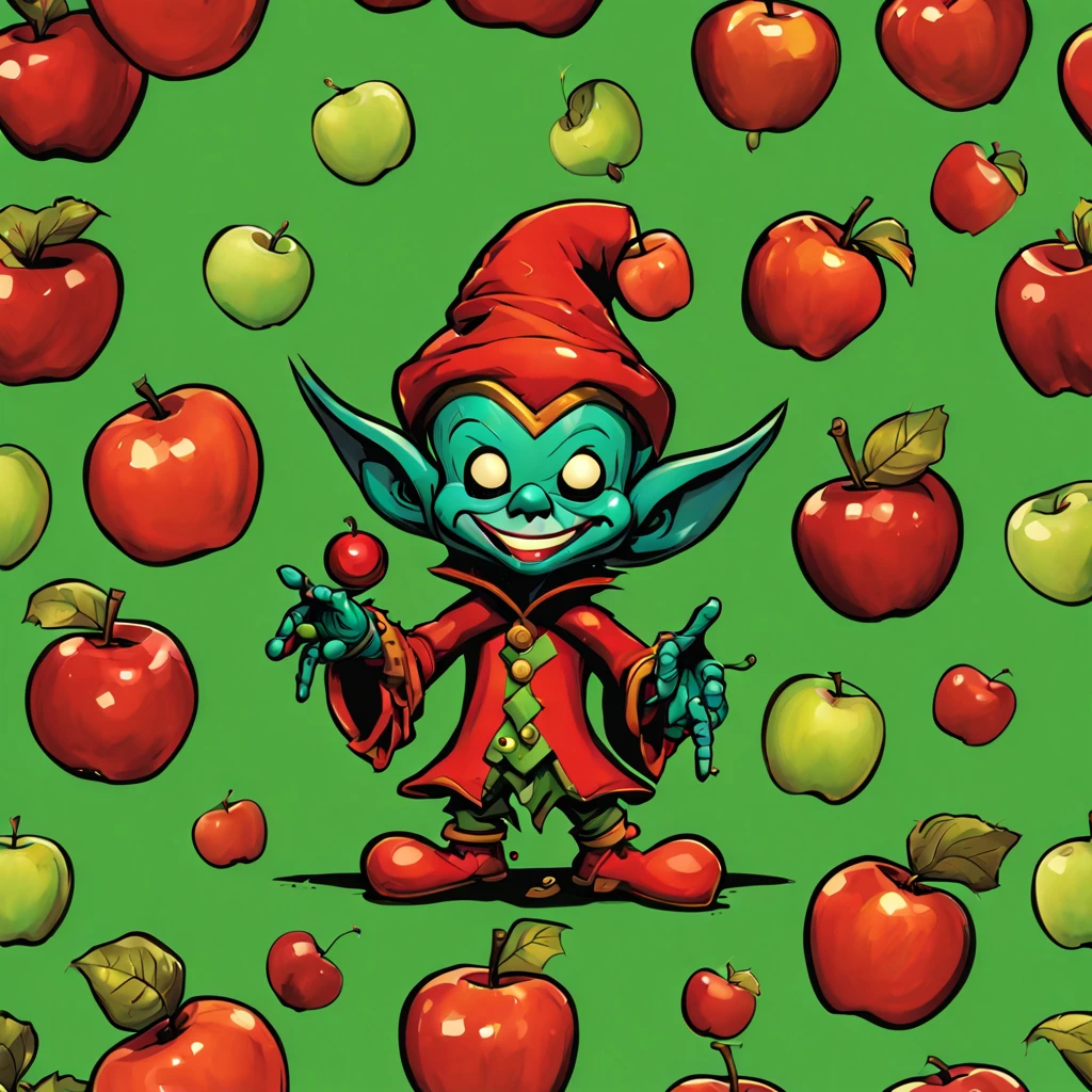 2D,   (style of Skottie Young:1.3) 
Jester, costume colors are clear green and translucent red, apples, background giant apples, masterpiece, best quality