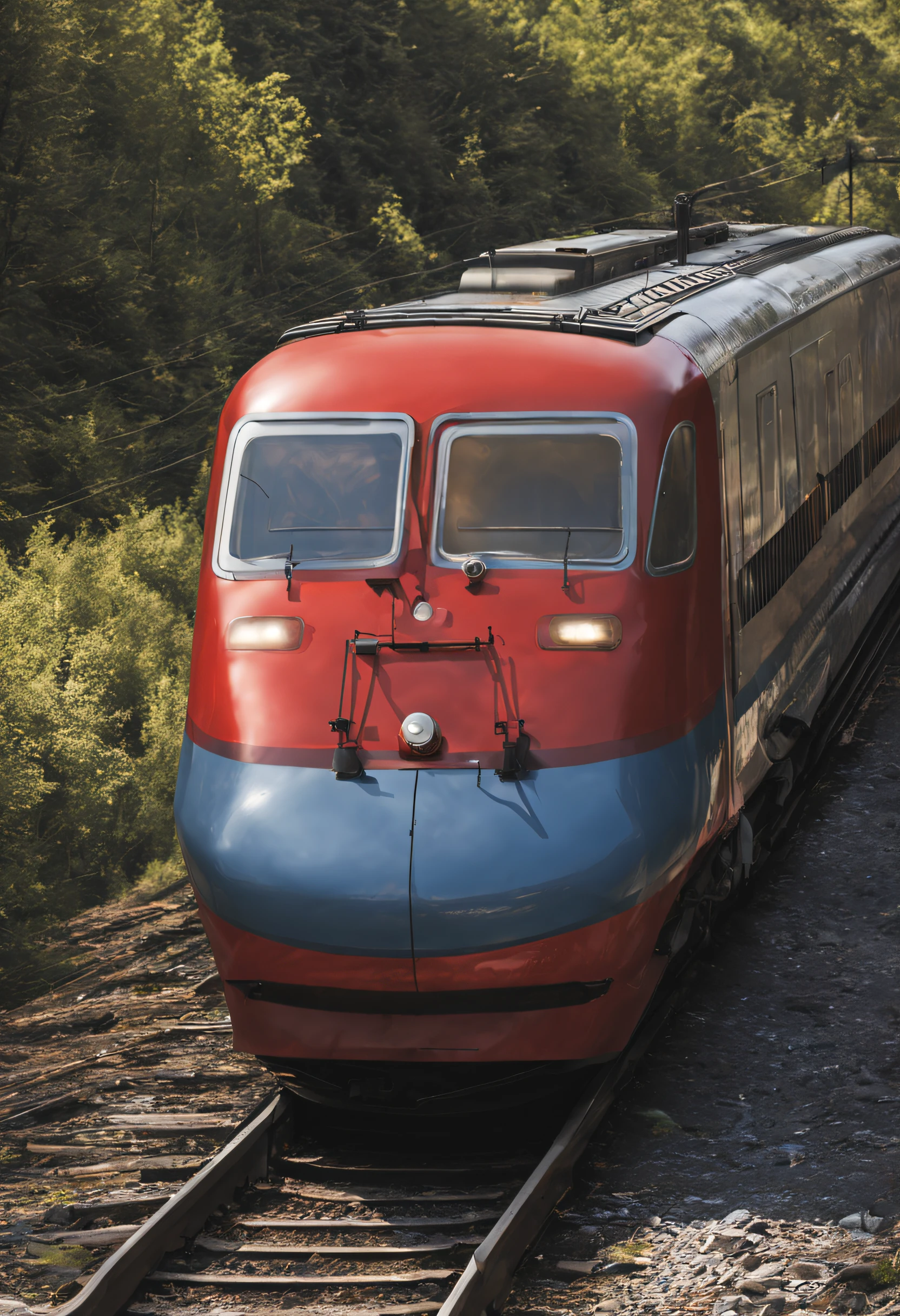 [1] = I need to make a logo prompt with this description:
"I imagine a French TGV from the 1950s with a grille shaped like a computer security shield in an escutcheon style. The notion of speed should be felt. The whole train is visible in perspective. The rear of the train is at the bottom left of the image and the front of the train with the locomotive grille is at the top right of the image.

This train could emerge from a door or tunnel. The idea here is to show the past, old technologies..."