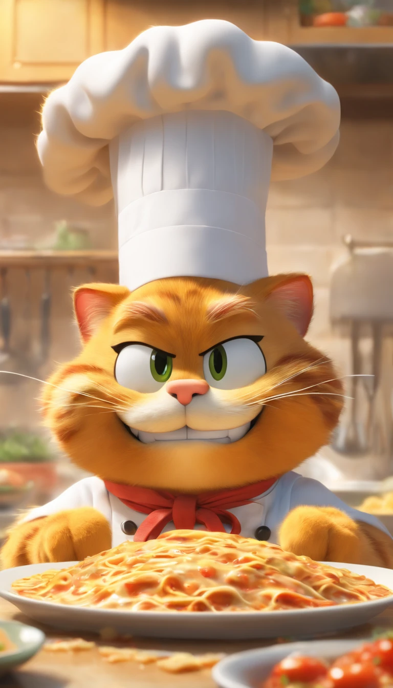 (masterpiece, best quality, ultra-detailed, photorealistic), garfield wearing a chef costume, sitting in front of a plate of lasagna, grinning, whimsical, kitchen interior