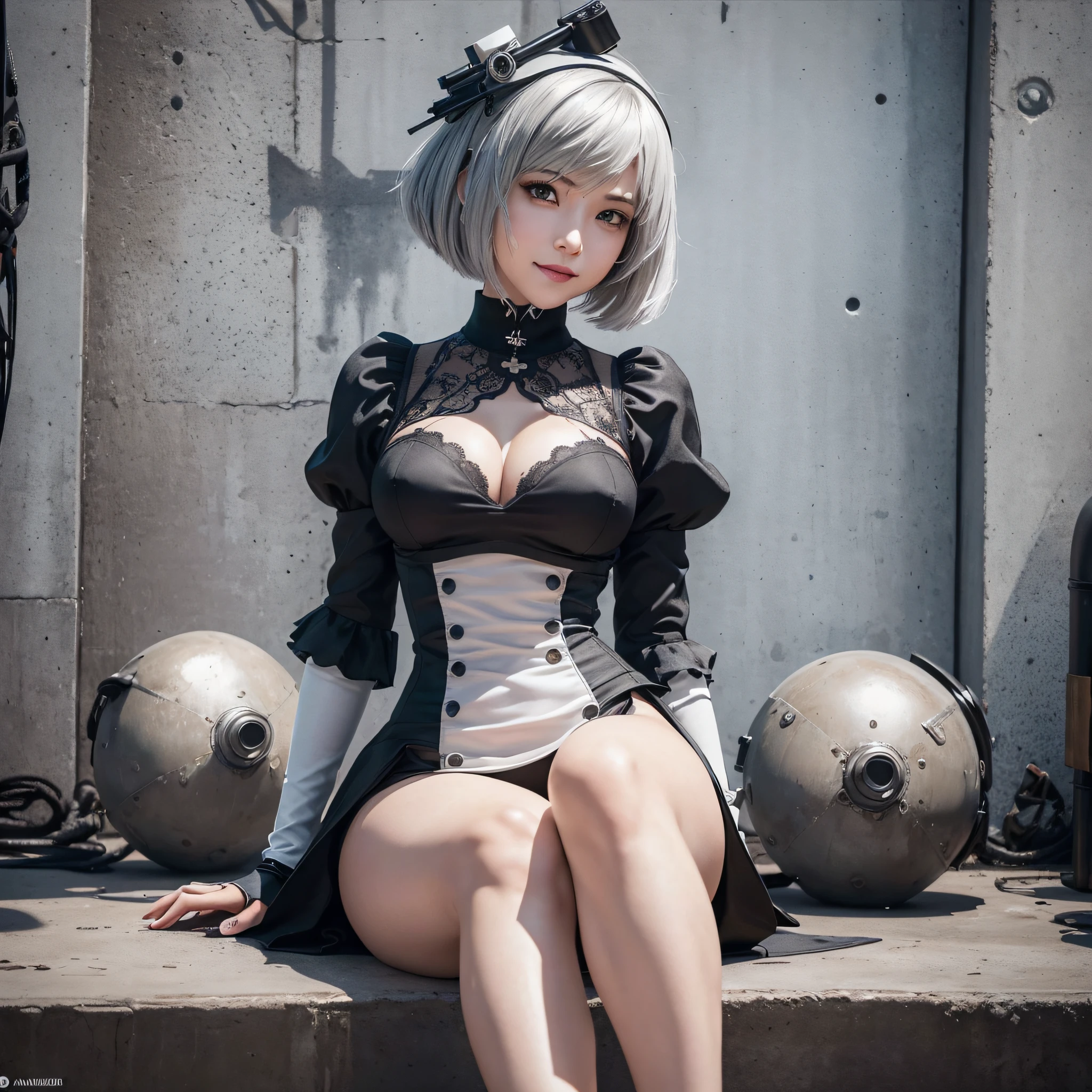 film movie still、1girl in、sitting、pale-skinned、innocent smile、((A detailed face))、(Detailed skin)、Moist with intricate details、Shallow depth of field、[volume fog]、电影灯光、Reflectors、a Canon EOS R5、50mm lens、f / 2.8、NffSW、shot at 8k resolution, (high quality, best rendering), (beautiful girl, 2b, Nier automata), (bomb, pin-up style), hot, floss, perfect body, bedroom, silver hair, bob cut, elaborate hair, crazy face, face facing forward, pale black dress, center, scaled to dimensions, (full body shot)
