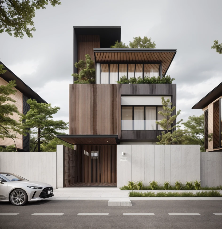 a view of a modern home with a large front yard, main material by glossy white wall and black stone and wood, 1 road runs in front of the house, (RAW photo, real, best quality, masterpiece:1.2), look morden minimalist, 1 road in front of the house, shime ring light, light brighteness from indoor:1.2, dynamic lighting:1.3, (hyper realistic, photo-realistic:1.2), high quality, day lighht, hight contrast :0.5 perfect lighting, archdaily, award winning contemporary, contemporary masterpiece, well-designed masterpiece, large modern residence, neotraditional modern, wide angle exterior 2022, midcentury modern, contemporary house, hip modern vibe, a long-shot from front, award winning modern design, stunning lines, residential, subtle detailing