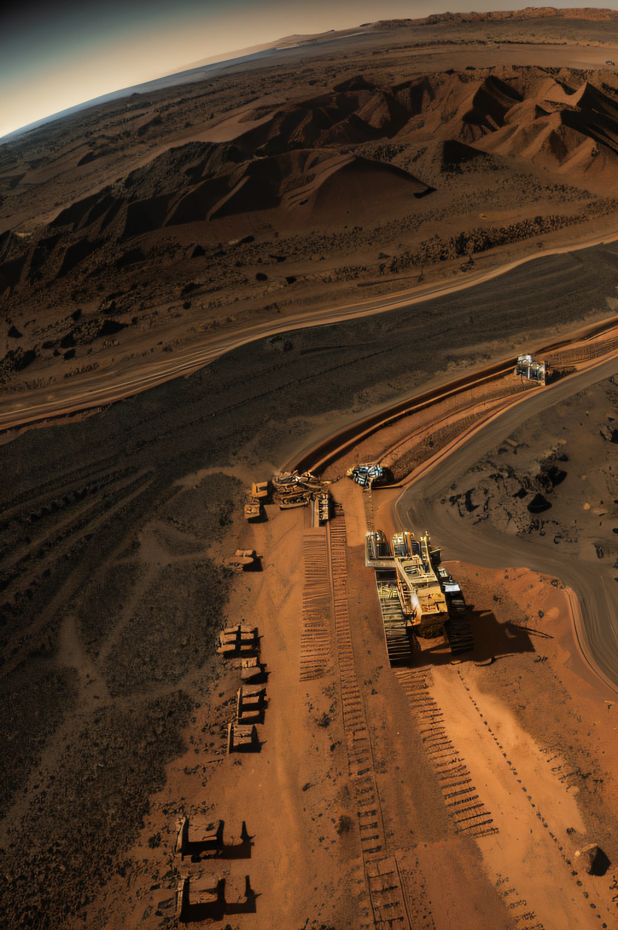 On Mars, a huge, cutting-edge mining excavation machine is at work. Metallic luster texture, mineral conveyor belt, and mining personnel are distributed on the Martian ground. Bright picture, different machines, starry sky, daytime, digging into large mechanical details, super wide angle, bird's eye view, high realism, light and dark