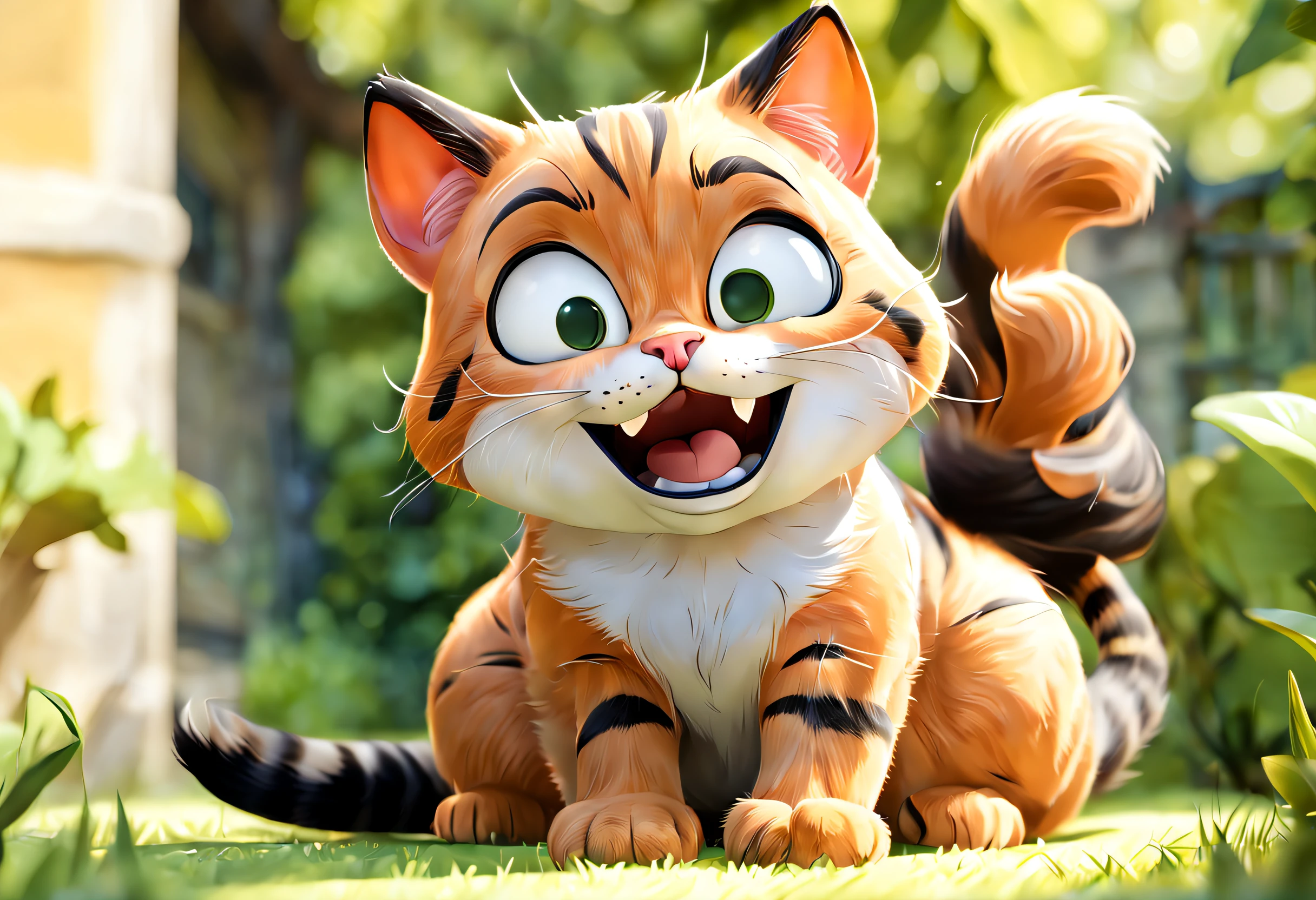 (best quality, 4k, 8k, high resolution, masterpiece: 1.2), ultra detailed, (realistic, photorealistic, photorealistic: 1.37), orange tabby exotic cat with black stripes, Garfield, paint, soft fur, cute and playful look, curious, fluffy tail, purring, lively eyes, whiskers, adorable nose, lovely ears, napping in the sun, enjoying the warmth, expressive face, beautiful sunlight, playful expression, relaxed pose, green garden background, leaves swaying in the breeze , Peace Environment, wonderful atmosphere, vivid colors, subtle shadows, studio lighting, realistic texture, sharp focus, cat lover, animal companionship, natural beauty, classic comic character, cheerful and happy spirit.(Cartoon style:1.32 )