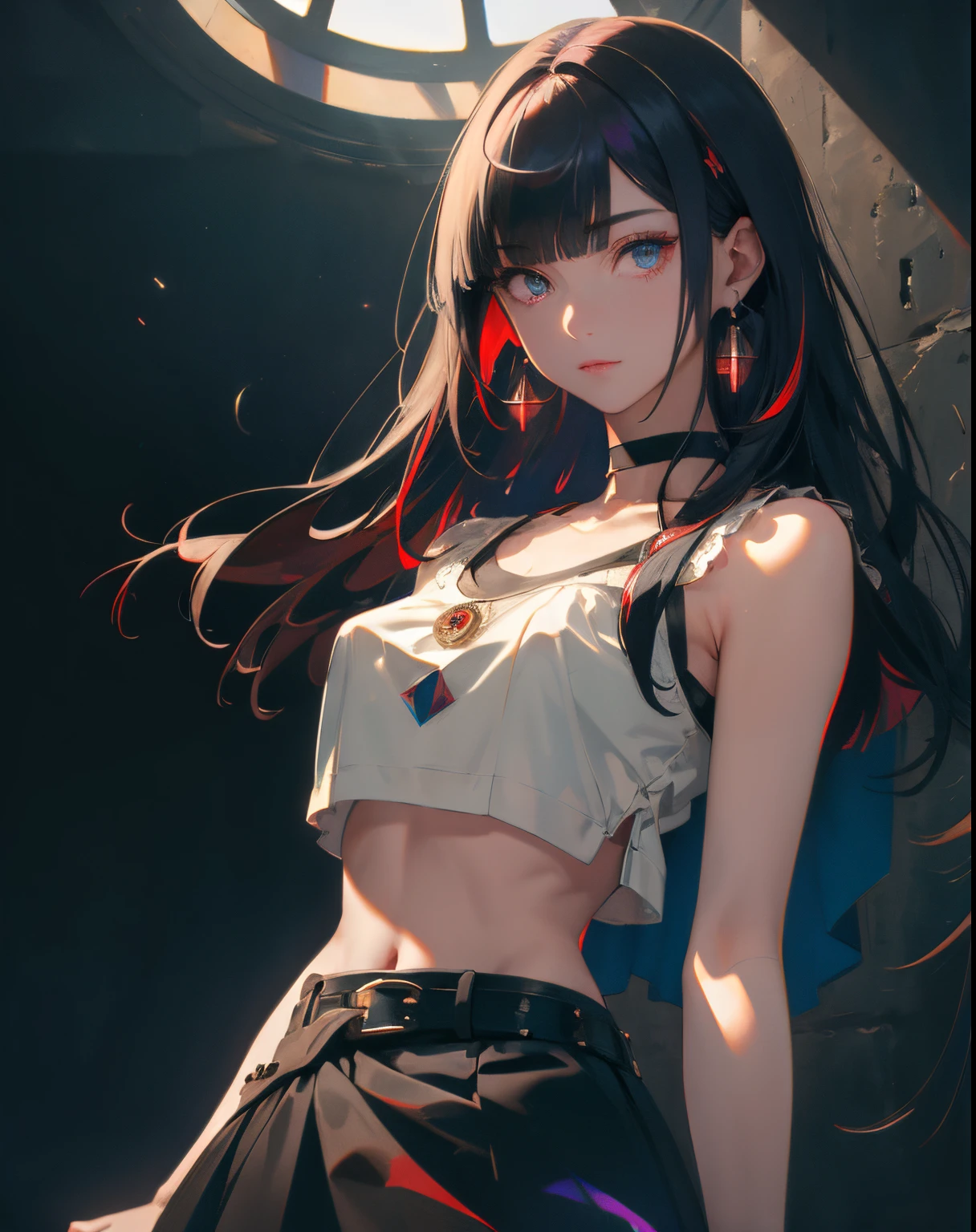 (masterpiece, best quality, 1girl, solo, intricate details, chromatic aberration), (realistic),(skin), ((breath)),(black hair,blunt bangs),detailed hair, red head ornament, blue highlights, hair over one eye,black eyes, small earrings, sharp eyes, choker,((black crop top )),(skirt),(belt),open waist,(symmetry eyes),(perfect symmetrical body), night,(((natural light))),backlighting,against grey wall, dim lighting ,look at viewer,((centered shot, from front,(face and waist)))