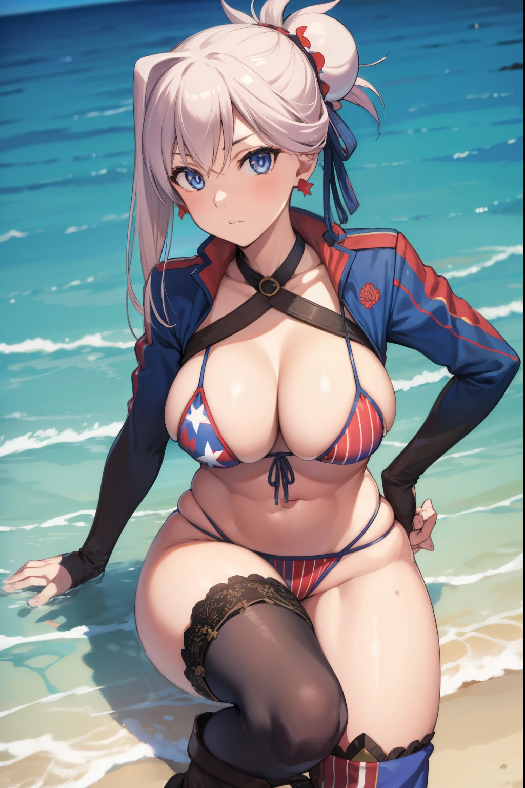miyamoto musashi, miyamoto musashi, Asymmetrical hair, Blue eyes, earrings, Hair Ornament, Pink hair, Ponytail, side locks,
blake american flag bikini, American Flag Legwear, bikini of, long boots, Bun cover, Flag printing, Hair bun, multi strapped bikini, multicolored clothes, Multicolored swimwear, Navel, Printed Swimwear, Single hair bun, single hair intake, single side bun, single sidelock, Single Tsimhigh Boots, single thighhigh, swept bangs, Swimsuit, Thigh boots, thighs thighs thighs thighs, Two-tone swimsuit, underboob,
BREAK outdoors, city,
BREAK looking at viewer,
BREAK (masutepiece:1.2), Best Quality, High resolution, Unity 8k壁纸, (Illustration:0.8), (Beautiful detailed eyes:1.6), extra detailed face, Perfect Lighting, extremely details CG, (Perfect hands, Perfect Anatomy),