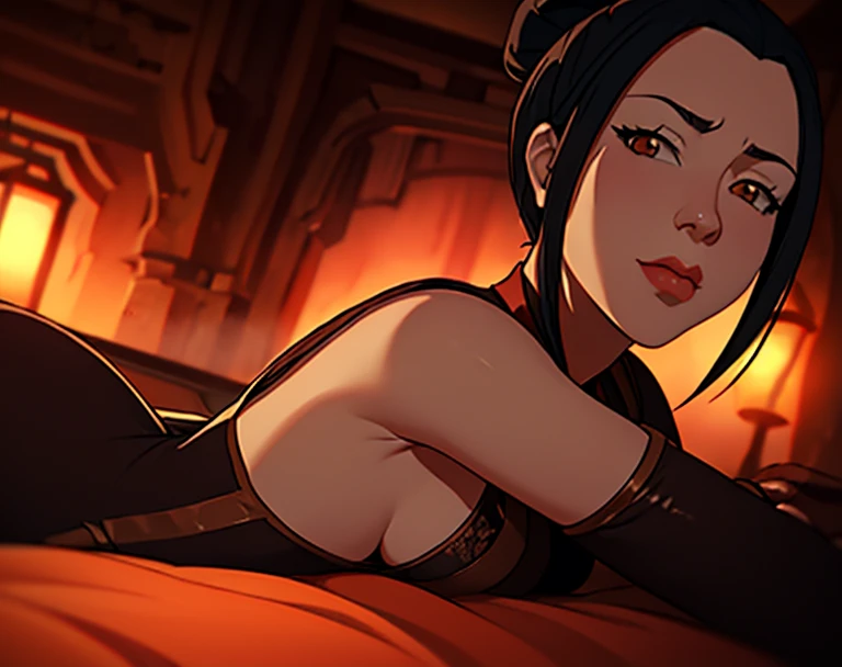 (dark theme:0.6), (dark shot:1.1), epic realistic, (dark shot:1.4), 80mm, (anime), (illustration), cartoon, detailed, azula, 1girl, solo, short hair, black hair, hair ornament, ponytail, brown eyes, lipstick, laying down with whole body in view, thick ass, blush, looks at viewer, lingerie, barefoot , full body, art by greg rutkowski and artgerm, soft cinematic light, adobe lightroom, photolab, hdr, intricate, highly detailed, (depth of field:1.4), soft light, sharp, exposure blend, medium shot, bokeh, (hdr:1.4), high contrast, (cinematic, teal and orange:0.85), (muted colors, dim colors, soothing tones:1.3), low saturation, (hyperdetailed:1.2), (noir:0.4), faded, (neutral colors:1.2), (hdr:1.4), (muted colors:1.2), hyperdetailed, (artstation:1.4), cinematic, warm lights, dramatic light, (intricate details:1.1), complex background, (rutkowski:0.66), (teal and orange:0.4), (hdr:1.22), muted colors, complex background, hyperdetailed, art [[by jordan grimmer]]