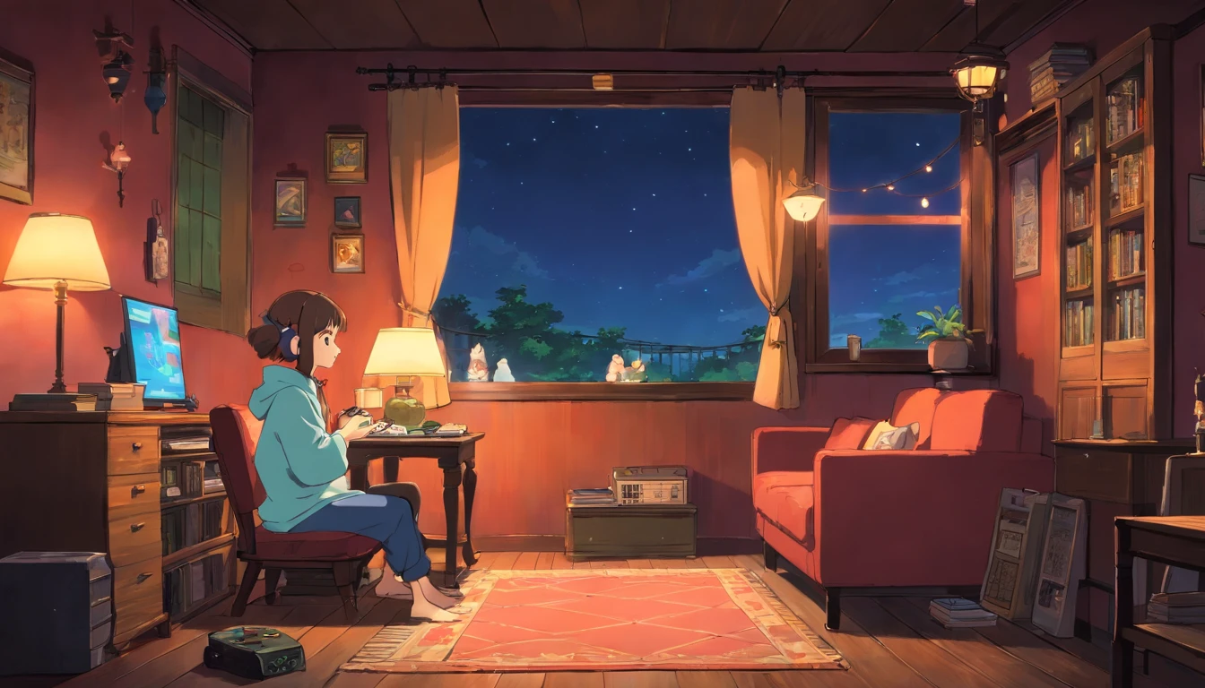 Girl listening to music in cozy room at night, Usando Furnes de Uviedo, 2D style anime, Lo-Fi, hdd, ambiente dark