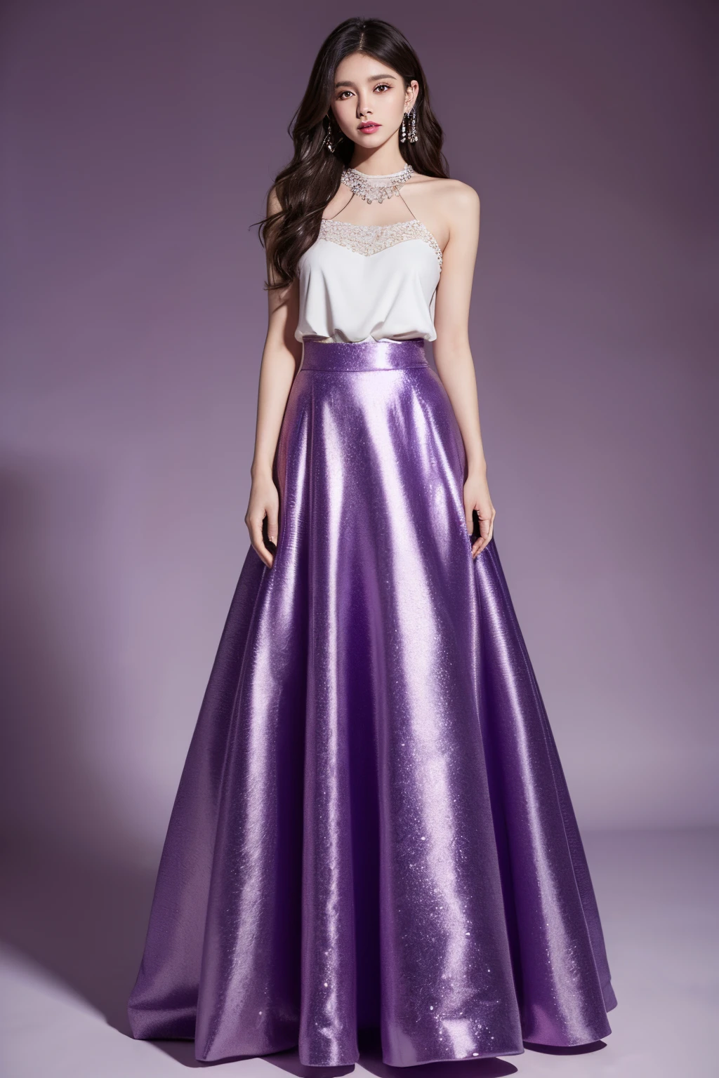 Design long skirt,Couture show,Skirt brace,Oversized skirt,wavy and long hair,pearlescent,purpleish color,jewely