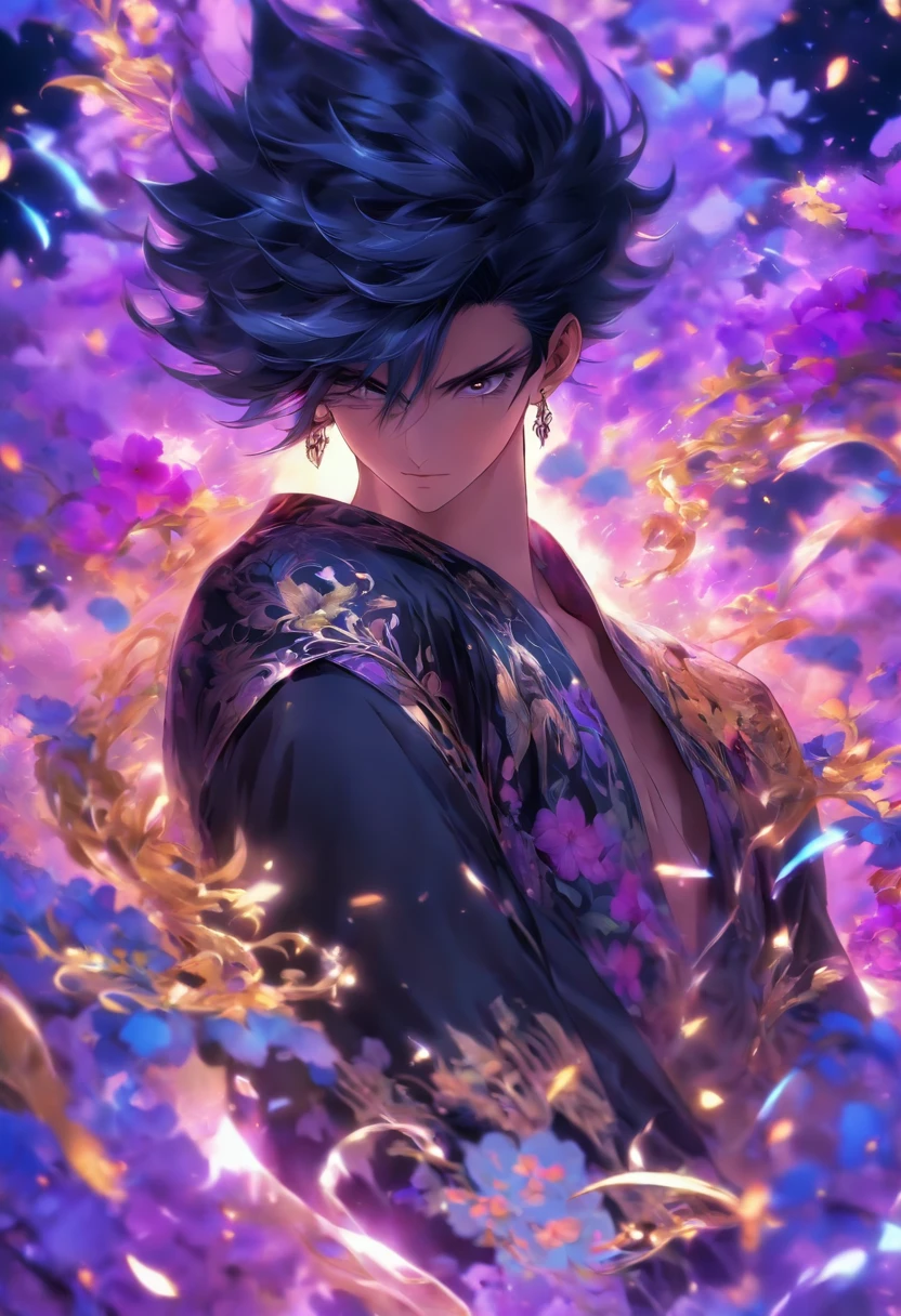 Anime character with black hair and purple floral shirt, Exquisite androgynous prince, Beautiful hermaphroditic prince, Handsome guy in the art of slaying demons, Male anime style, male anime characters, author:Hero, handsome anime pose, cai xukun, anime handsome man, Handsome Japanese demon boy, Inspired by Bian Shoumin, Wearing a black noble suit, guweiz