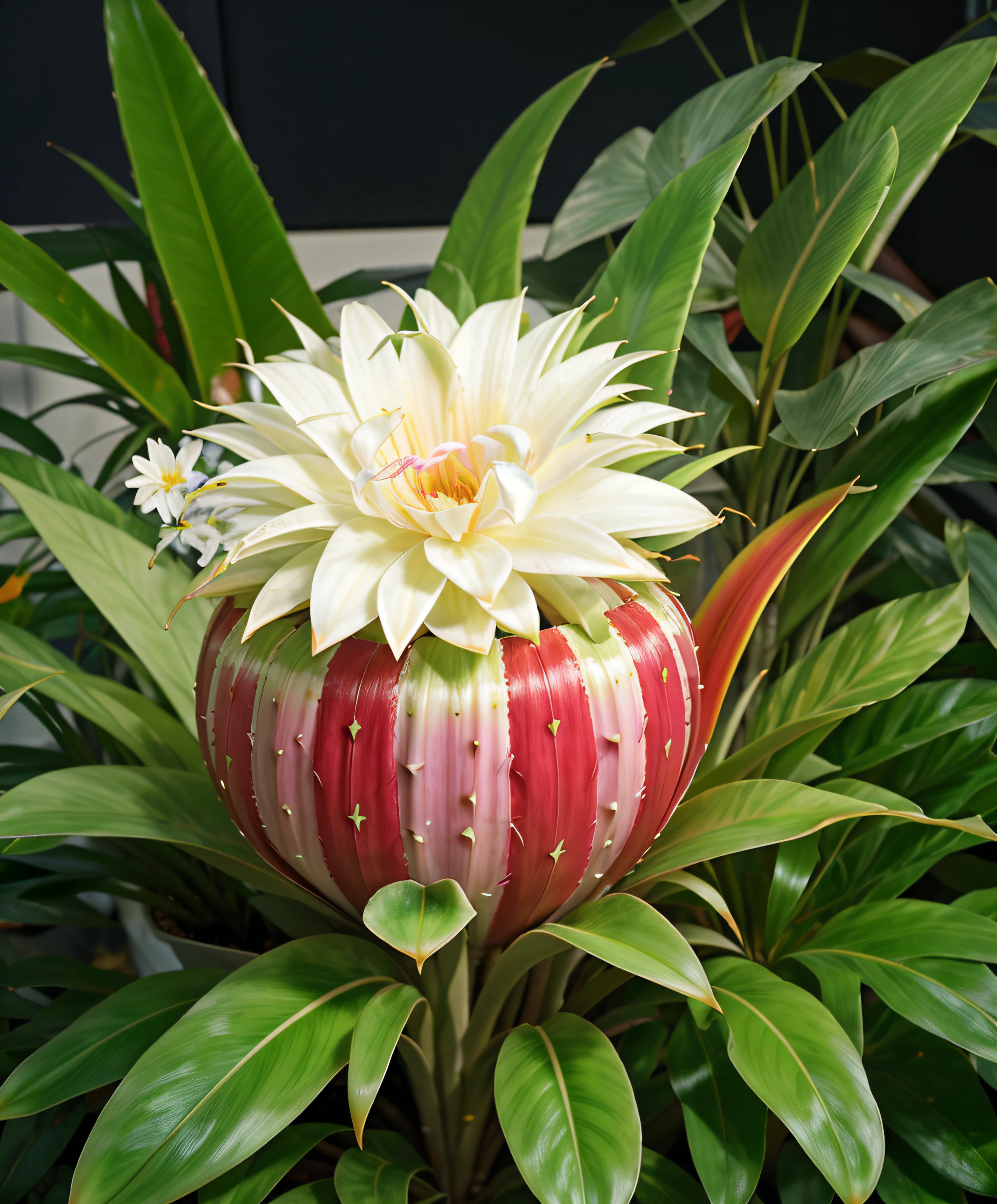 there is a plant with a white flower in a pot, large exotic flowers, stella alpina flower, bromeliads, tropical flower plants, exotic alien flora, flowering pineapples, albino dwarf, vicious snapping alligator plant, albino mystic, subtropical flowers and plants, tropical houseplants, ( ( fantasy plants ) ), the platonic ideal of flowers, alien plant