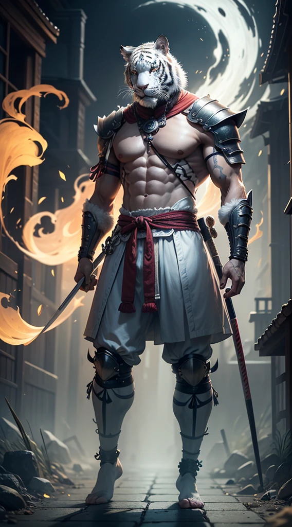 White Tiger; Um Samurai virtuoso, perdido no tempo em um mundo de desordem; where principles, Values and good customs no longer exist and are no longer honors. sad, angry and lonely, Living According to His Moral Code, He follows the walk with his shoulders girded in a deep spiritual depression, full body, full frame, full body shot, full picture from head to toe
