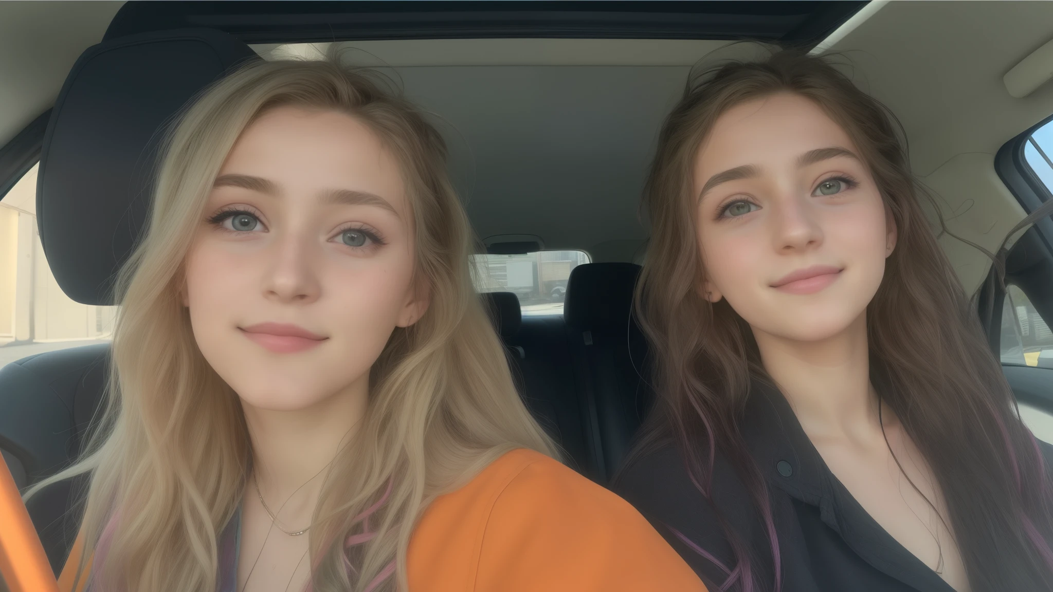 two women sitting in a car with their hair wet, profile picture, profile pic, snapchat photo, beautiful girls, sisters, 😭 🤮 💕 🎀, with wet faces!!, instagram story, two girls, annoying sister vibes, profile image, headshot profile picture, pov photo, both smiling for the camera, taken in the early 2020s, older sister vibes