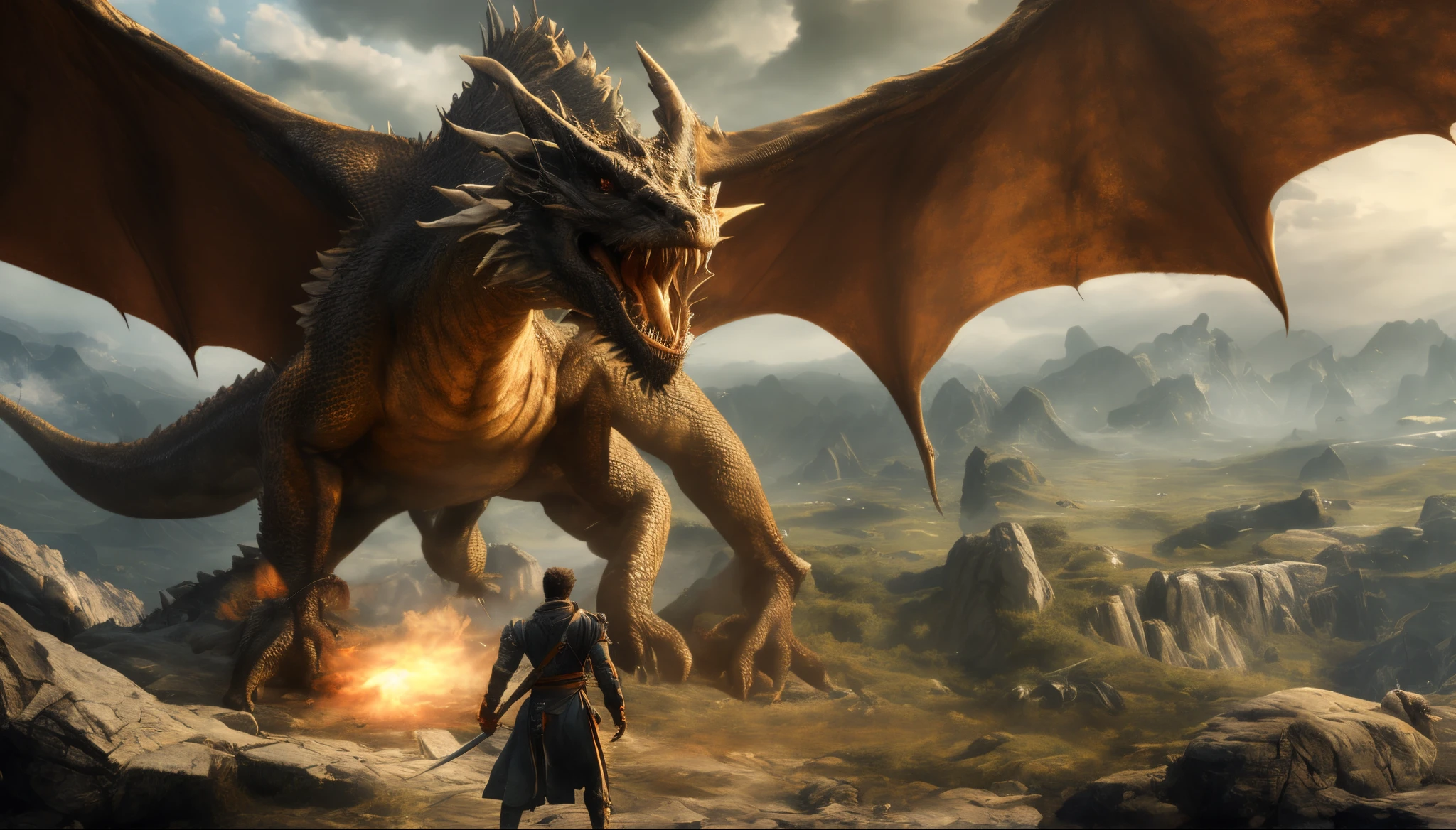 A man thrust his sword into the dragon's chest, battle the dragon, 4K fantasy art, Surrealismd & D fantasy art, Unreal Engine 5 4k Ultra HD graphics, battle the dragon, d & d fantasy digital art, 8k fantasy art, Dragon in the background, dragon flying in the background, 4K detail fantasy, epic dragon