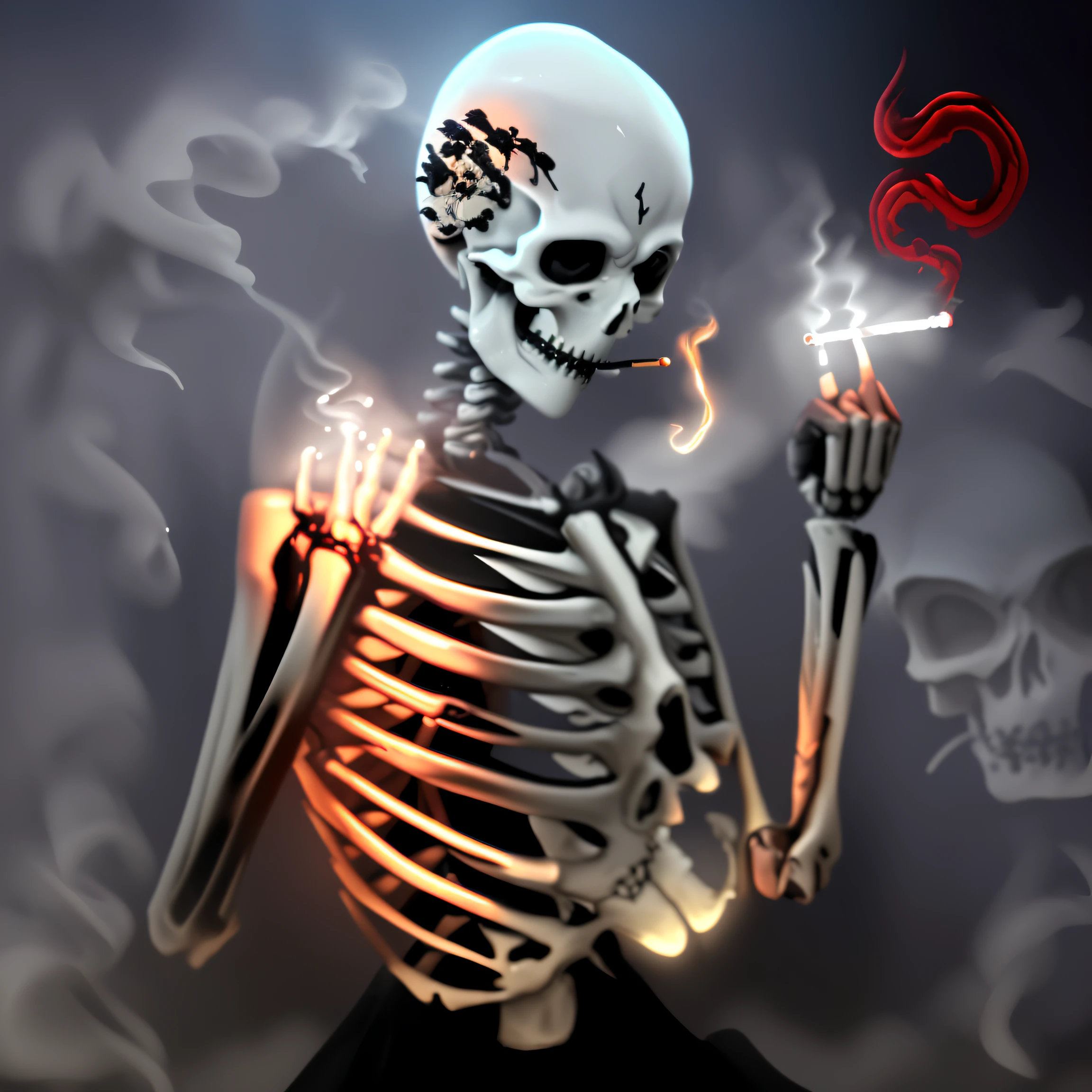 skeleton smoking a cigarette with a cigarette in hand, um esqueleto fumando um charuto, esqueletos fumando charutos, Joints, com fumos fantasmas escuros ao redor, esqueleto bonito, esqueleto, corpo fumante, Skelleton, death is split in two with smoke, Fuma, ((skull)), Tabagismo, bone joints, fleshy skeletal, arte de raio-x, ( ( ( esqueleto ) ) )