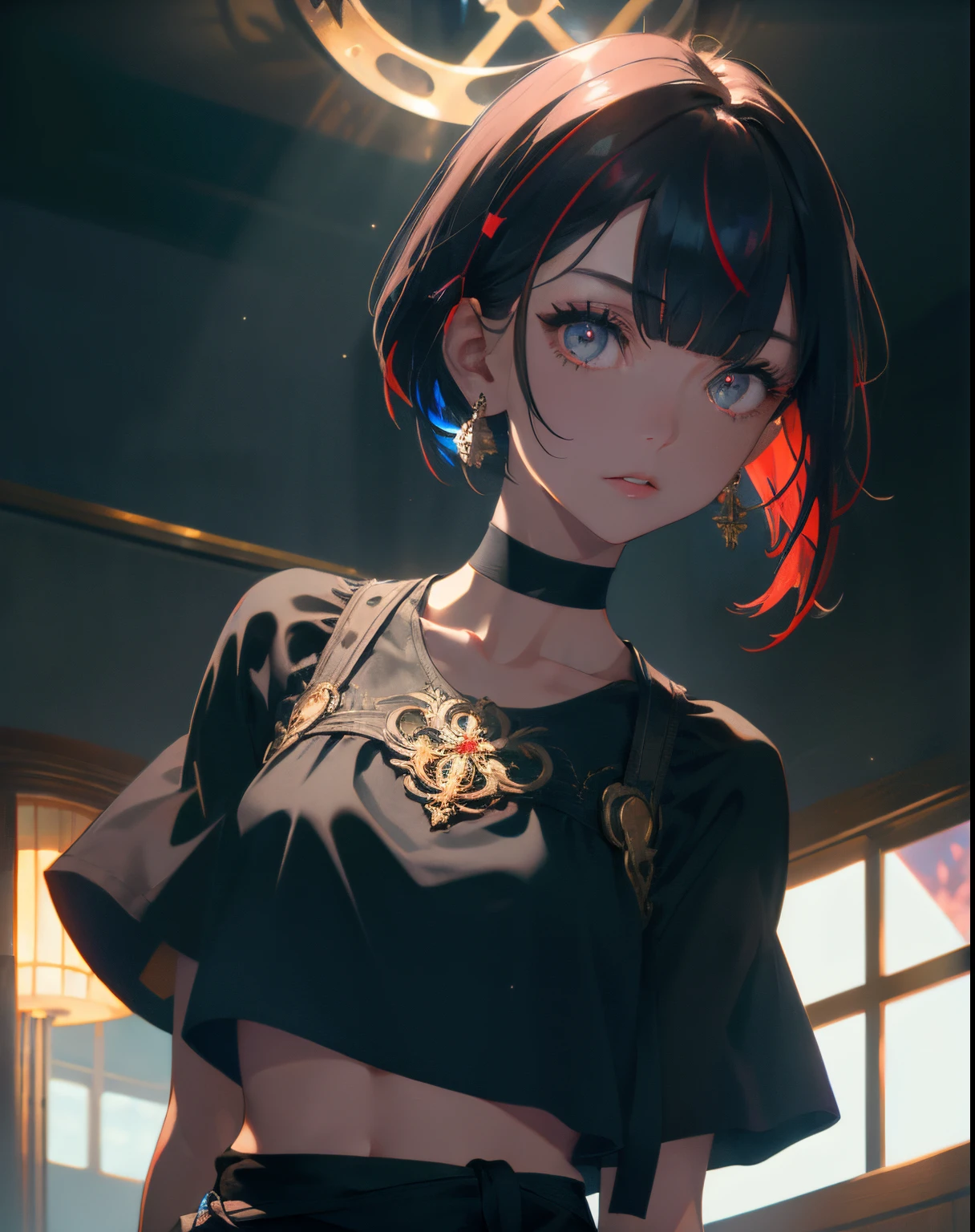 (masterpiece, best quality, 1girl, solo, intricate details, chromatic aberration), (realistic),(skin), ((breath)),(black hair,blunt bangs),detailed hair, red head ornament, blue highlights, hair over one eye,black eyes, small earrings, sharp eyes, choker,((black crop top )),(skirt),(belt),open waist,(symmetry eyes),(perfect symmetrical body), night,(((natural light))),backlighting,against grey wall, dim lighting ,look at viewer,((centered shot, from front,(face and waist)))