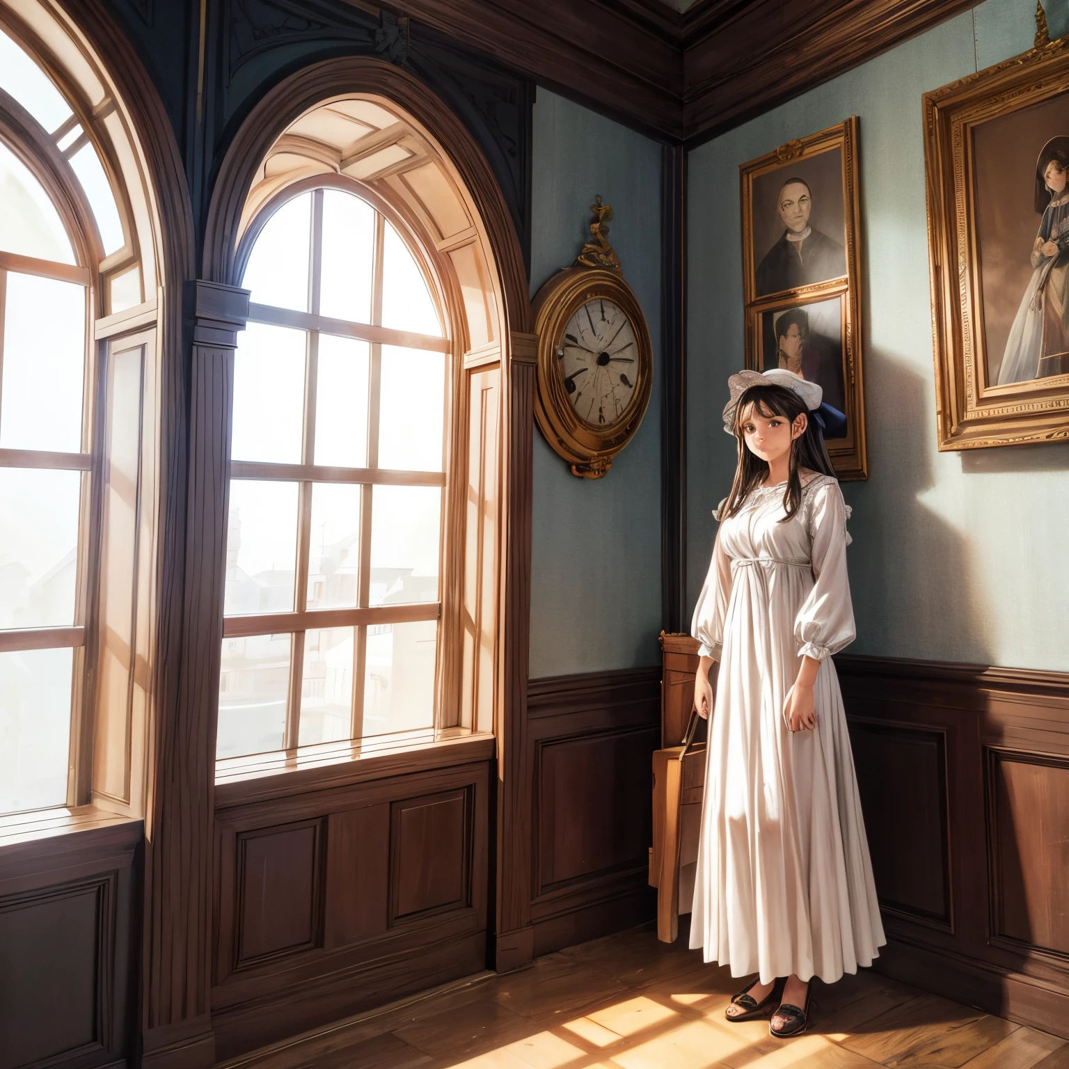uma sala comum, colonial, various pictures on the wall, transparent ghost of a mulher de vestido colonial, She is standing in front of the open window acenando e sorrindo para quem passa na rua, adicionar nesta cena uma cama colonial, antique wall clock,