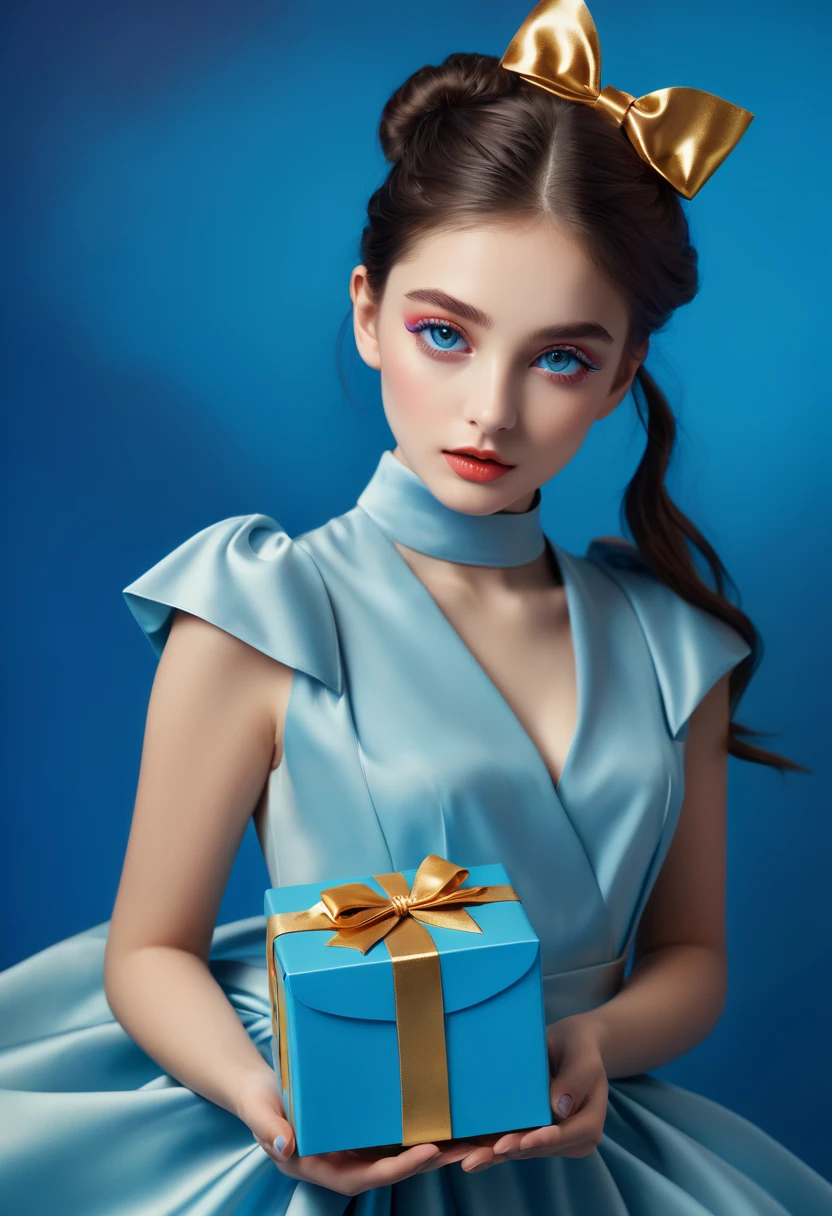 A girl with exquisite makeup, holding a rectangular box wrapped in a shiny blue envelope, stands against a vibrant blue backdrop. The box is elegantly tied with a golden ribbon, creating a sense of anticipation and excitement. The overall scene exudes a magical and dreamlike atmosphere, combining elements of surrealism and realism.
The image is of the highest quality, with a resolution of 8k, ensuring every detail is captured with utmost precision. The composition is flawless, with a sharp focus that emphasizes the intricate details of the girl's eyes, nose, and lips. Her eyes are mesmerizing, with vibrant colors and long, fluttering eyelashes. The lips are equally enchanting, with a perfect blend of colors and texture.
The art medium used to create this masterpiece is reminiscent of Polaroid photographs, adding a vintage touch to the overall aesthetic. The colors are cool and muted, creating a harmonious and soothing color palette. The lighting is carefully crafted to mimic natural sunlight, casting soft yet vibrant tones on the girl's face and surroundings. The bright and airy environment further enhances the cheerful mood portrayed in the image.
The scene is created using advanced virtual engine technology, making it appear incredibly realistic. The rendering is done with overclocked GPUs, ensuring smooth and high-quality graphics. The result is a visually stunning representation that blurs the line between the real and the virtual, leaving viewers captivated by its beauty.
Overall, the prompt paints a vivid and captivating image of a girl with exquisite makeup, holding a beautifully wrapped box in a vibrant blue setting. The fusion of magical realism, photorealism, and a cool color palette creates a visually striking artwork that evokes a sense of wonder and delight.