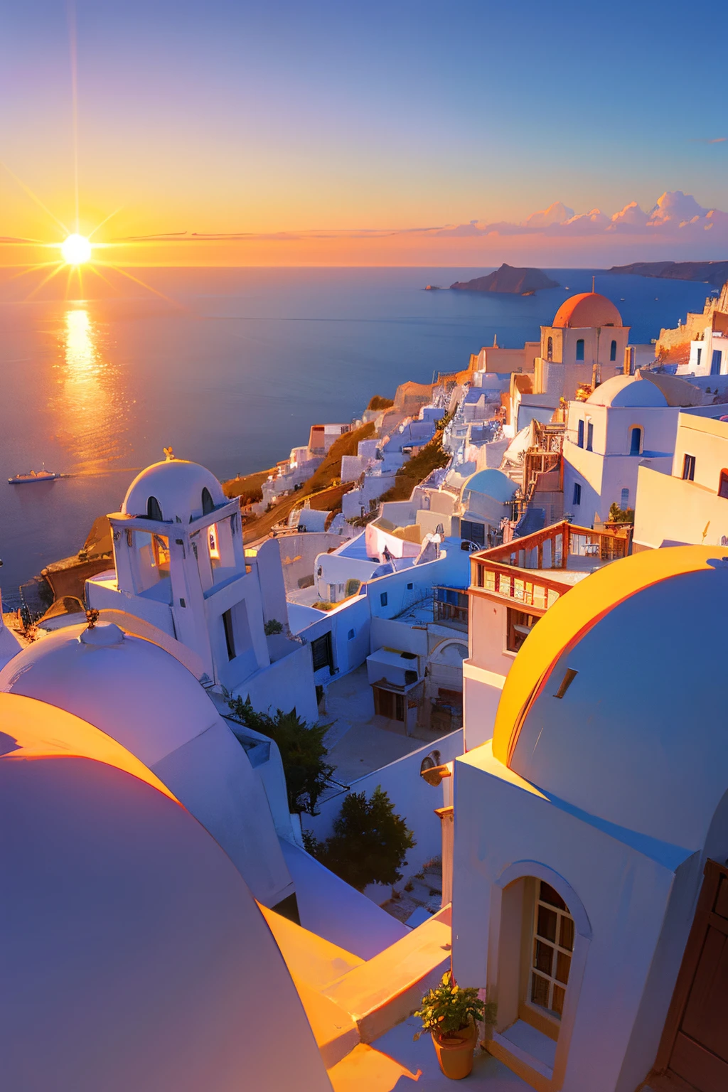 the setting sun,Santorini,in a panoramic view