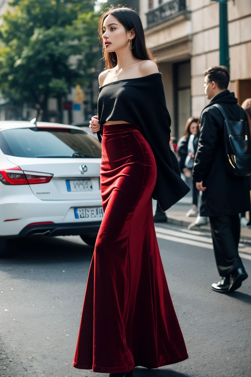 velvet maxi skirt，The show is haute couture，Slim fit