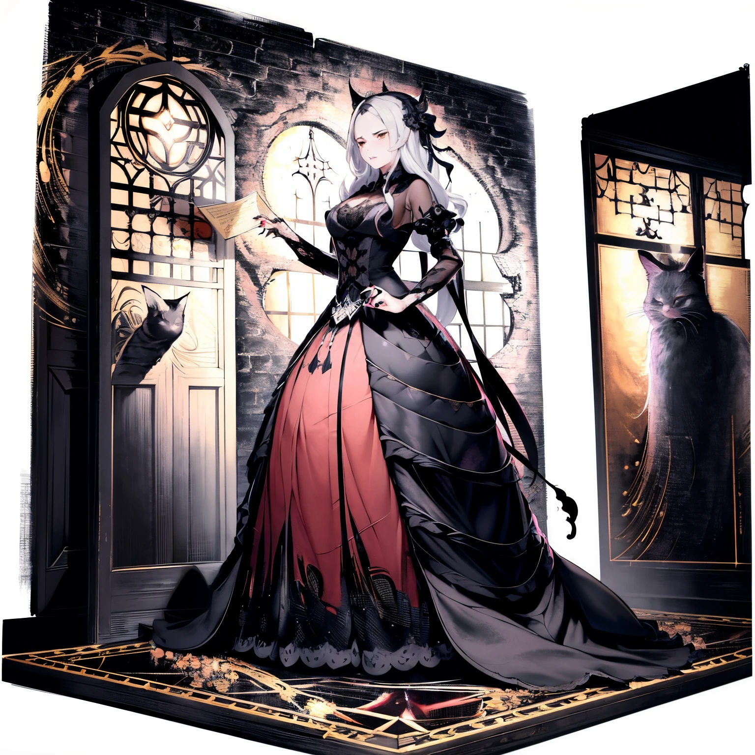Gates of Hell、5×10m height door、Jet-black door、Upholstered doors、Closed door、Guide to Female Butlers、demon tattoo、Silver-haired、Bright red eyes、Fine-grained beautiful skin、Murderous gaze