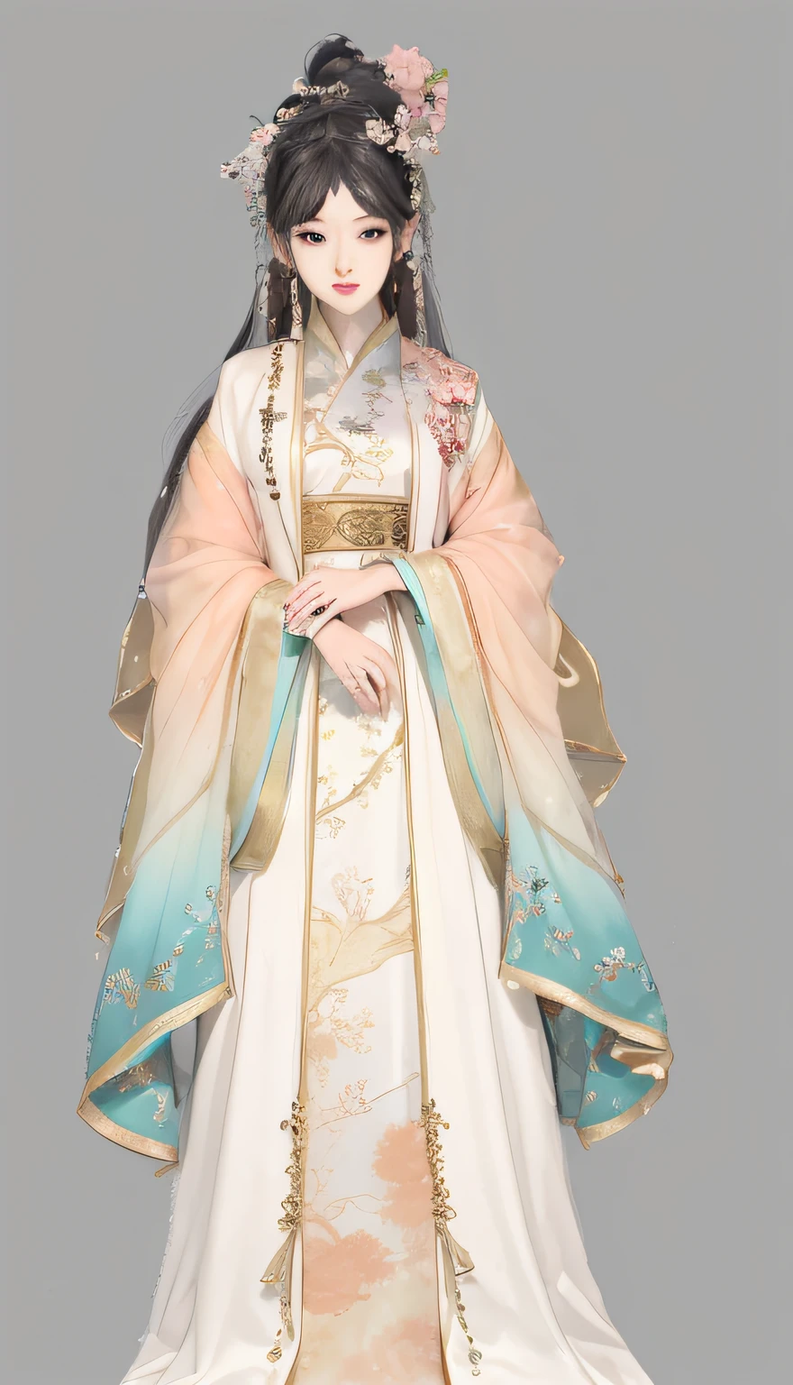 Close-up of a woman in a white and blue dress, palace ， A girl in Hanfu, beautiful fantasy empress, full body xianxia, white hanfu, ((beautiful fantasy empress)), Imperial royal elegant clothing, Beautiful rendering of the Tang Dynasty, Princesa chinesa antiga, ancient asian dynasty princess, Wearing ancient Chinese clothes, Hanfu, Inspired by Lanying