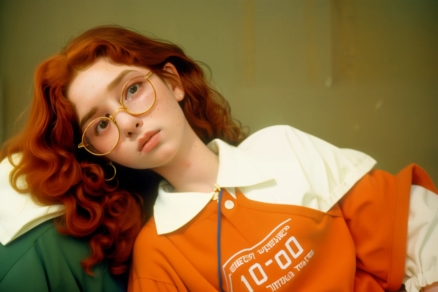 1997, Berkshire County, Massachusetts. Pre-raphaelite 17-year-old girl, curly hair, ((freckles)), glasses, fainted, passed out, ((((Clothing from the 1990s)))), ((Hairstyle of the 1990s)), ((Wes Anderson cinematic style)), colorful