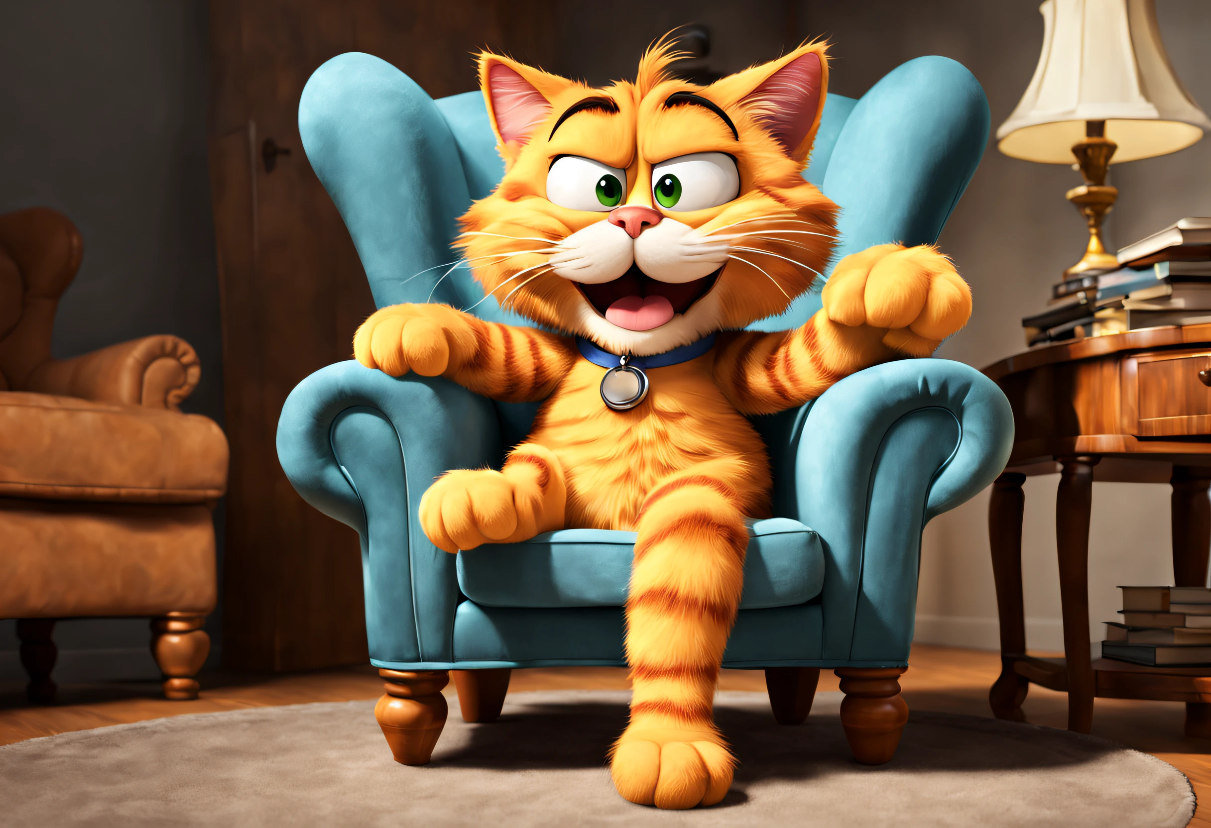Garfield the cat sitting in an armchair, cartoon style