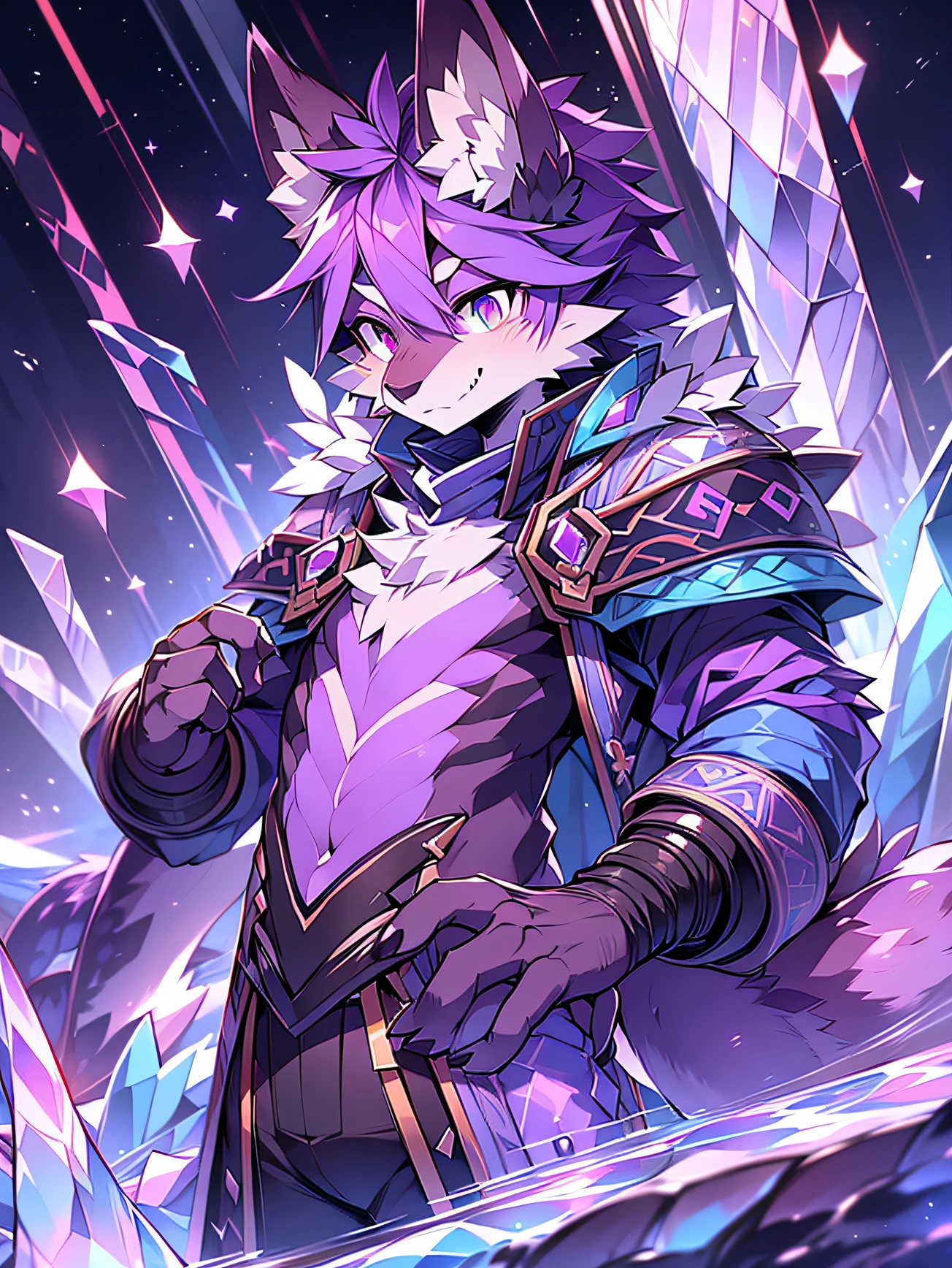 crystal, Star Fox, male people,deep purple hair， (Detailed pubic hair), Fluffy, Alone, Meticulous and pragmatic, A detailed eye, ( Amethyst pupils), ((Blood-colored eyes)), upscales, high detal, Delicate fur, ((The tail is in the right place) ，About amethyst