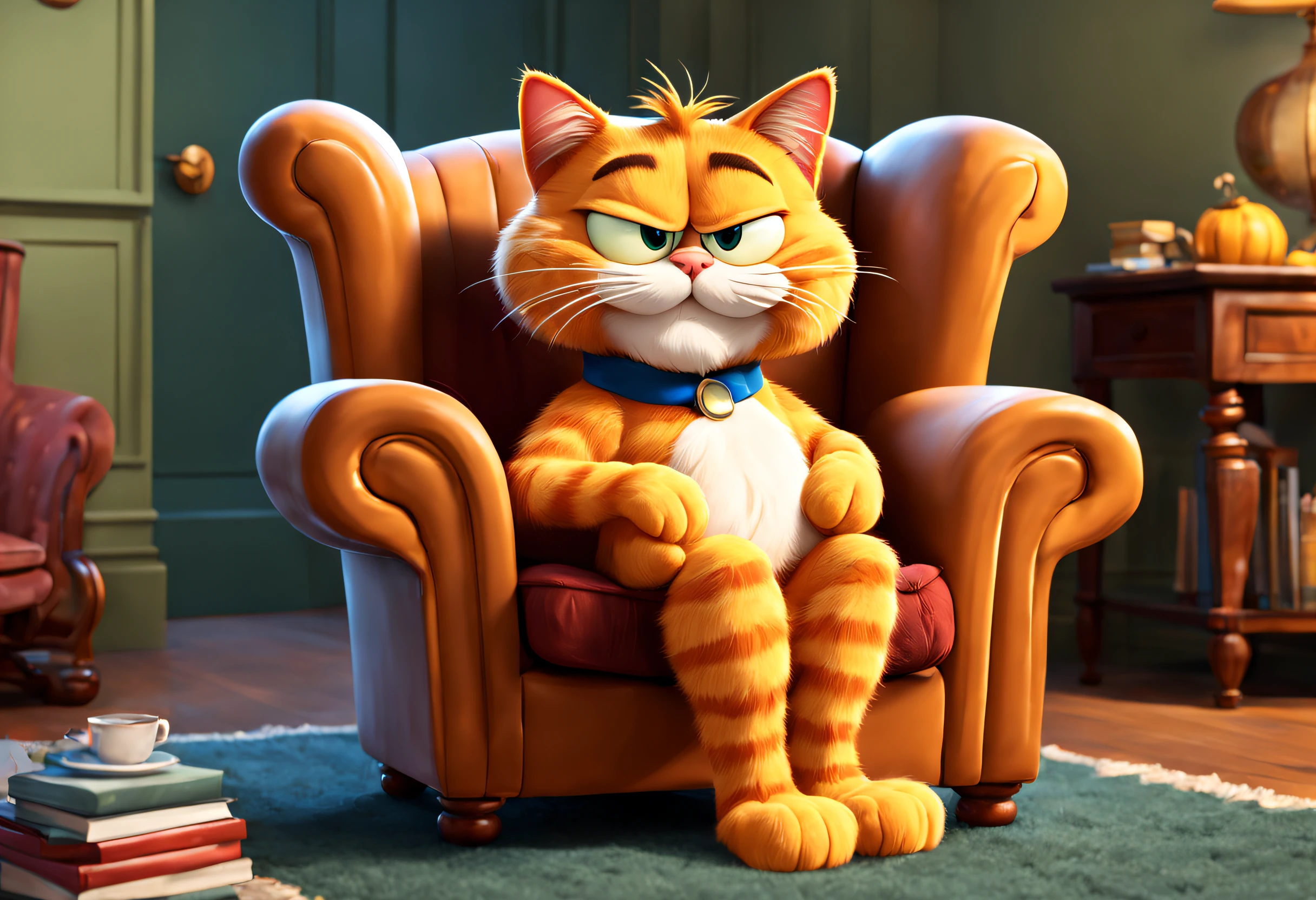 Garfield the cat sitting in an armchair, cartoon style