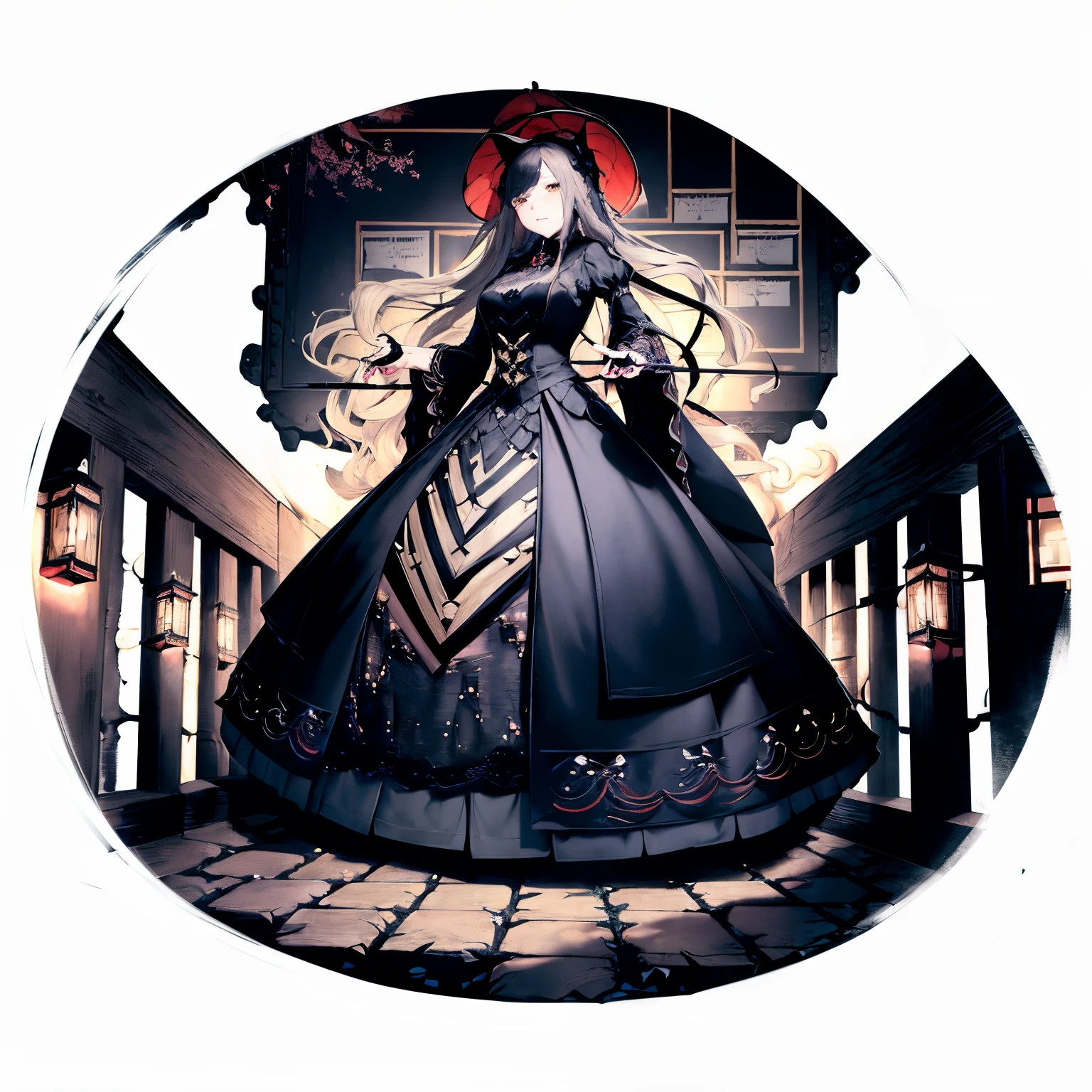 [(whitebackground:1.17), ::2]1girl, 独奏, middle shot, full - body, old gothic house,lock,cat,Long hair, Black Cat,Beautiful, Brown eyes, Dress, Magic, Film grain, blue toned, hydrangea,fate,warlock,a gold,long nails,bronya, Armor dress, Long Dress, Victorian era, Red dress, Black Dress, lace, witchy, brick wall, (Masterpiece:1.5), (Best Quality:1.2), (Beautiful background:1.2), Detailed background, (Sateen:1.2), Long white hair, black lace gown, long nails, active
