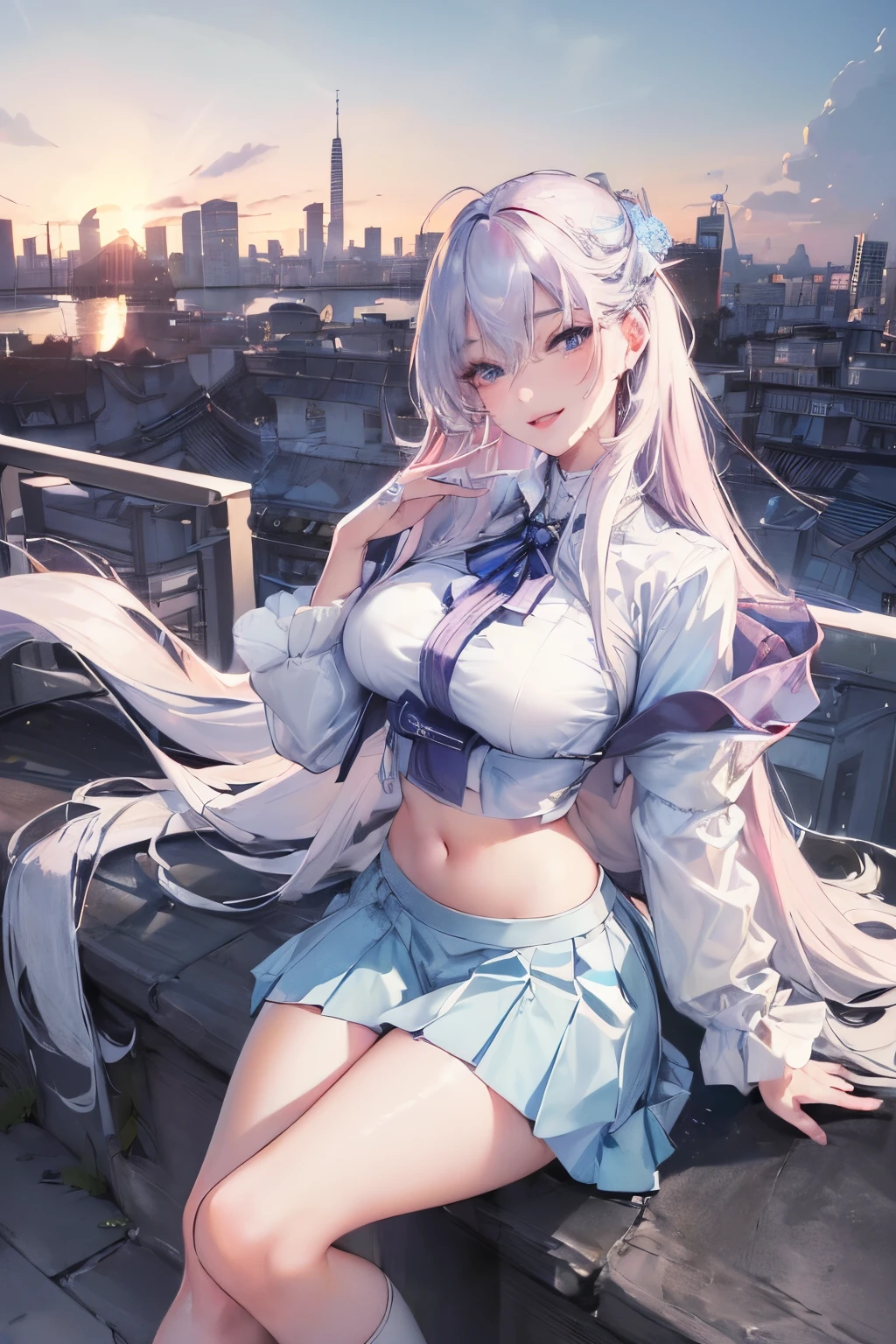 official art, masterpiece, sharp focus, (beautiful gorgeous cute Korean woman:1.3), (beautiful cute korean:1.3), korean beauty, Delicate and beautiful hair and eyes and face, realistic, ultra detailed, beautiful girl, blue sky, glow white particle, (sidelighting:1.2), sun light, white cloud, detailed clouds, slender, Lovely very large breasts and very large hips, smile with teeth, ((smile with eyes, open both eyes)), scenery, long straight hair, sexy facial expression, building, (cityscape:1.7), dynamic hair, long straight hair, detailed platinum pink hair, glow blue eyes, (blue pleated shirts + white skirt), white long socks, pale skin, hair ornament, epic scenery, with out clothes
