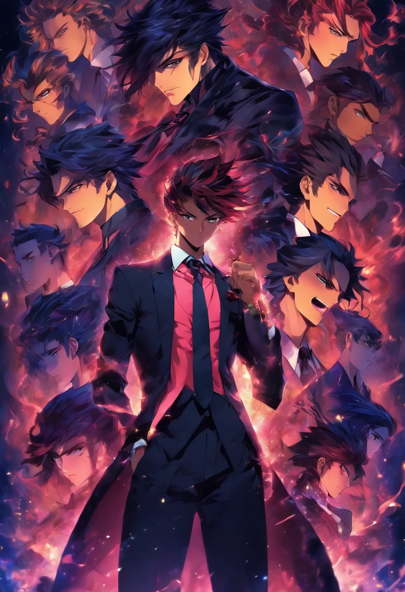 "A man wearing a suit and tie with three different photos, a handsome man in the art of demon slaying, an exquisite androgynous prince, a beautiful androgynous prince, male anime style, male anime character, cool anime pose, anime hottie, anime-style character, dark-colored suit, dressed in a sophisticated black suit, inspired by Yanjun Cheng, androgynous royalty."