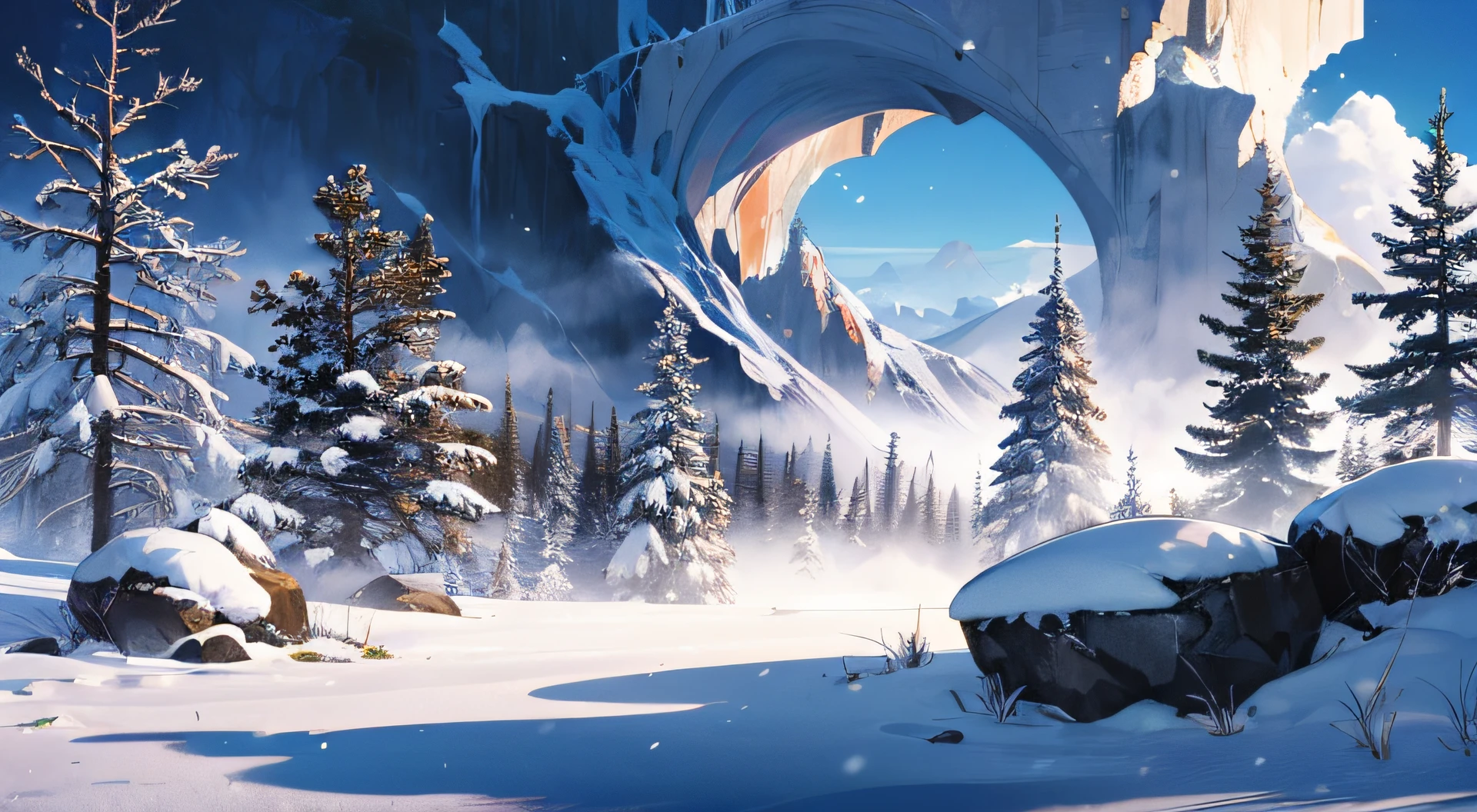 Nice 8KCG Wallpapers, very fine 8K CG wallpaper, watercolor (medium), Blue skies, wintery, snow rocks, Foggy Streets, Vacant lot, winter mountain, thick fog, Vacant lot, shady land, overcast sky, Overcast, (((wide terrain on top of a cliff))), cliff, pine trees, conifer, big and small rocks